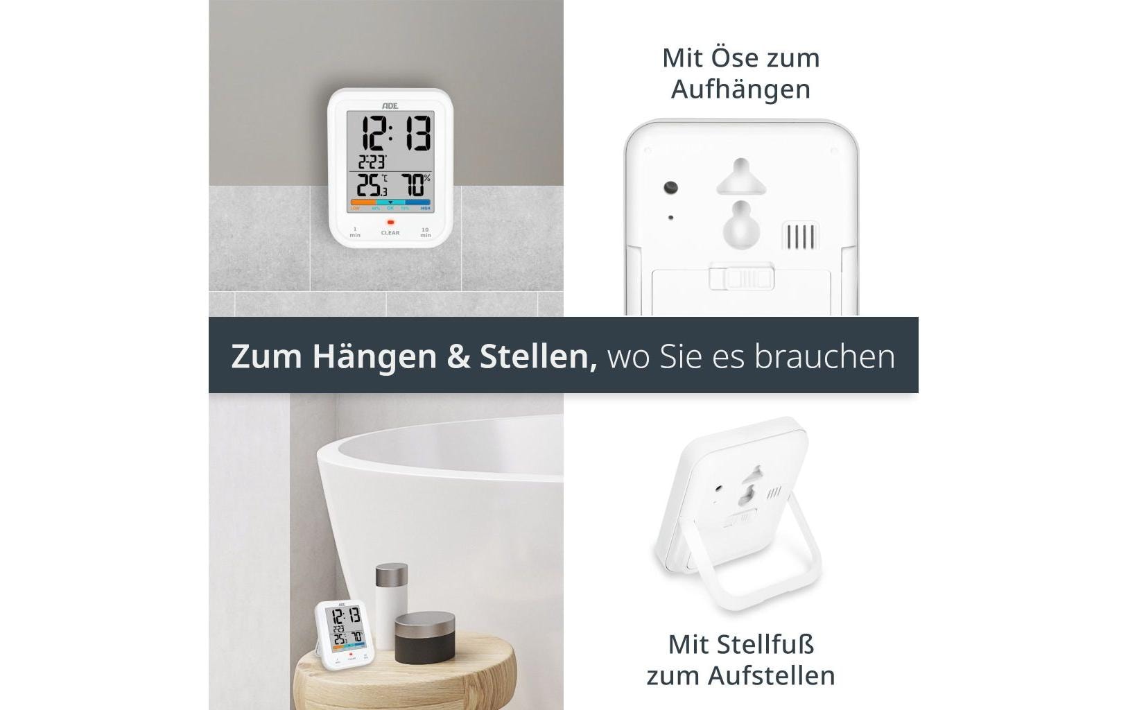 ADE Tischuhr – Digital, Thermometer/Hygrometer, wetterfest, 19,3 × 11,5 × 9,2 cm, weiss, Kunststoff