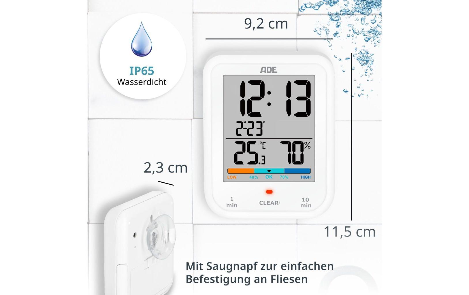 ADE Tischuhr – Digital, Thermometer/Hygrometer, wetterfest, 19,3 × 11,5 × 9,2 cm, weiss, Kunststoff