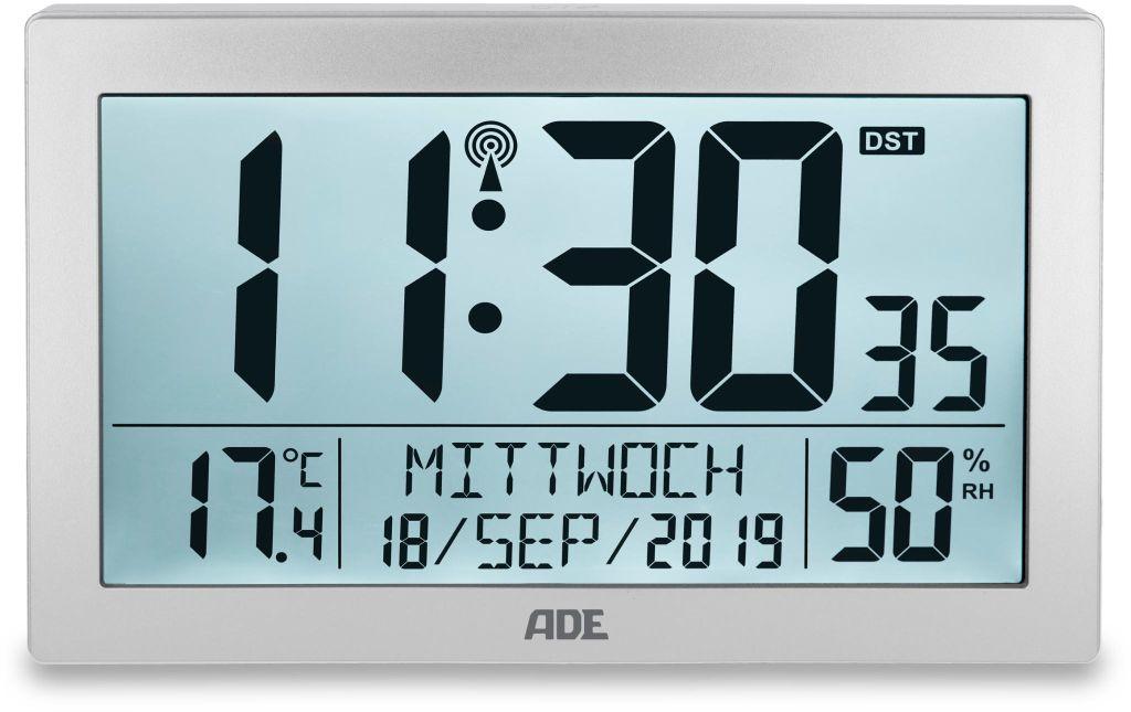 ADE CK2309 Digitalwecker – Funk, Schlummerfunktion, Thermometer, 22,5 × 14,5 × 3,3 cm, Silber