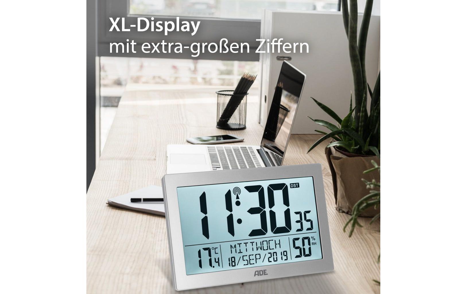 ADE CK2309 Digitalwecker – Funk, Schlummerfunktion, Thermometer, 22,5 × 14,5 × 3,3 cm, Silber