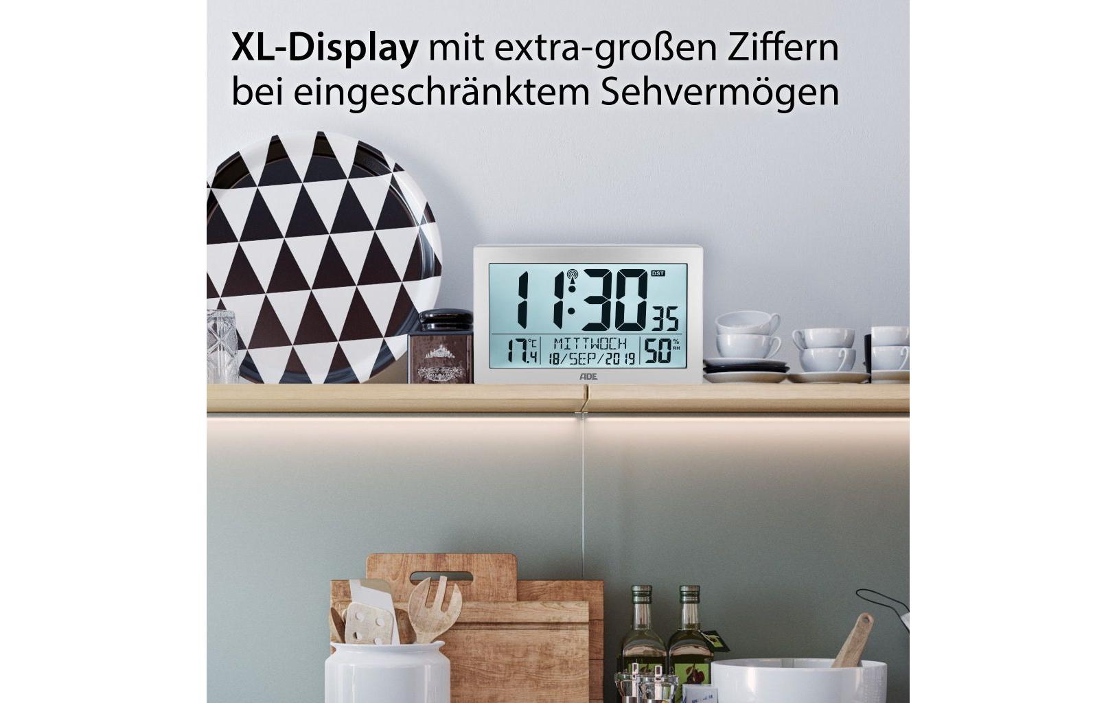 ADE CK2309 Digitalwecker – Funk, Schlummerfunktion, Thermometer, 22,5 × 14,5 × 3,3 cm, Silber