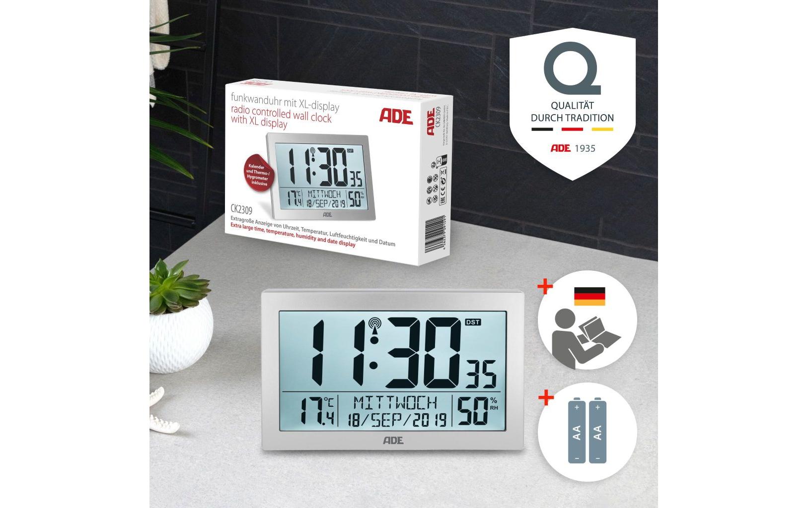 ADE CK2309 Digitalwecker – Funk, Schlummerfunktion, Thermometer, 22,5 × 14,5 × 3,3 cm, Silber