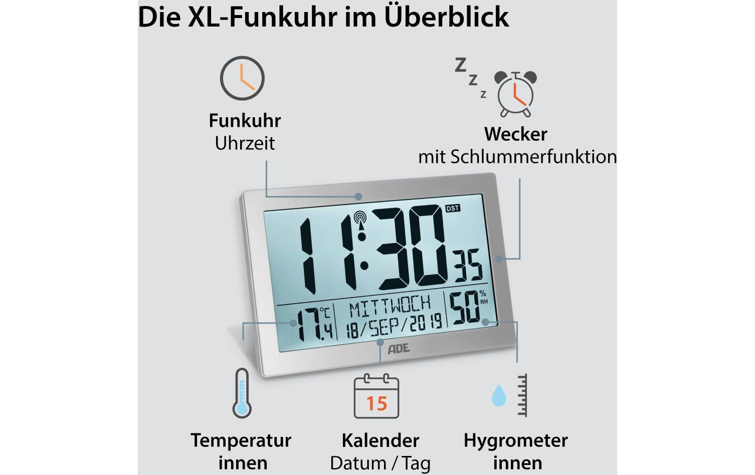 ADE CK2309 Digitalwecker – Funk, Schlummerfunktion, Thermometer, 22,5 × 14,5 × 3,3 cm, Silber
