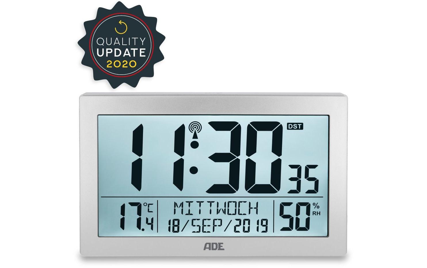 ADE CK2309 Digitalwecker – Funk, Schlummerfunktion, Thermometer, 22,5 × 14,5 × 3,3 cm, Silber