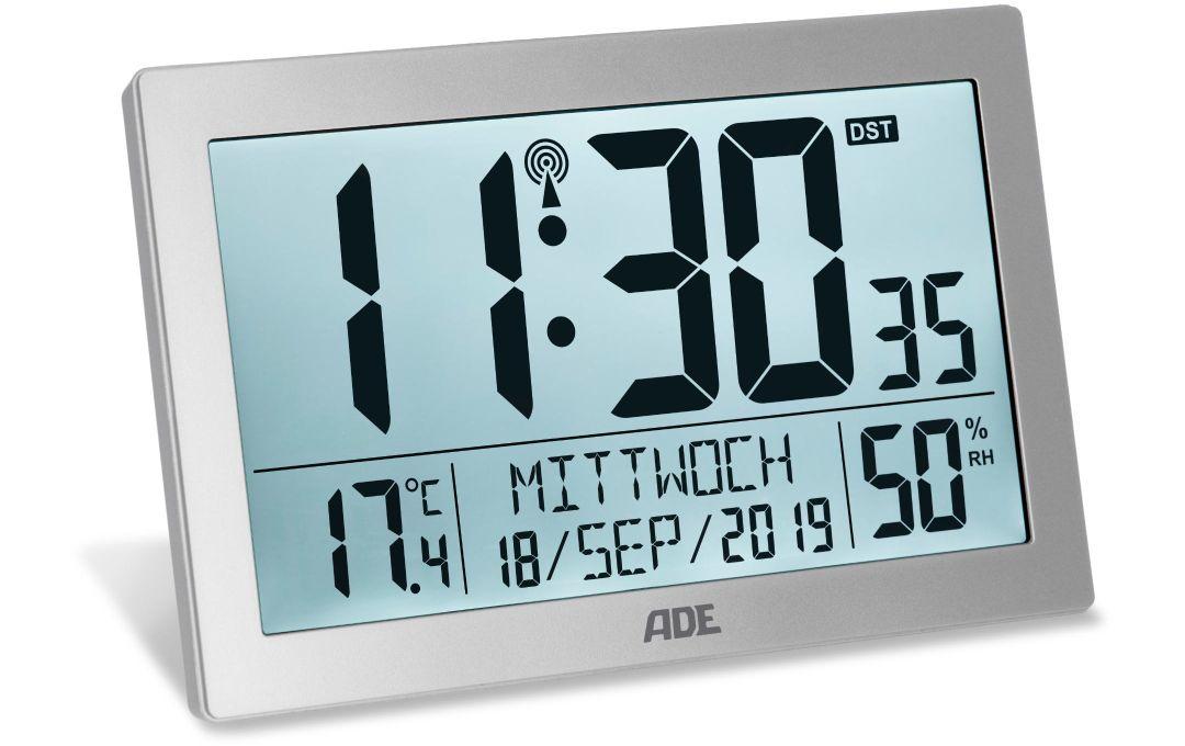 ADE CK2309 Digitalwecker – Funk, Schlummerfunktion, Thermometer, 22,5 × 14,5 × 3,3 cm, Silber