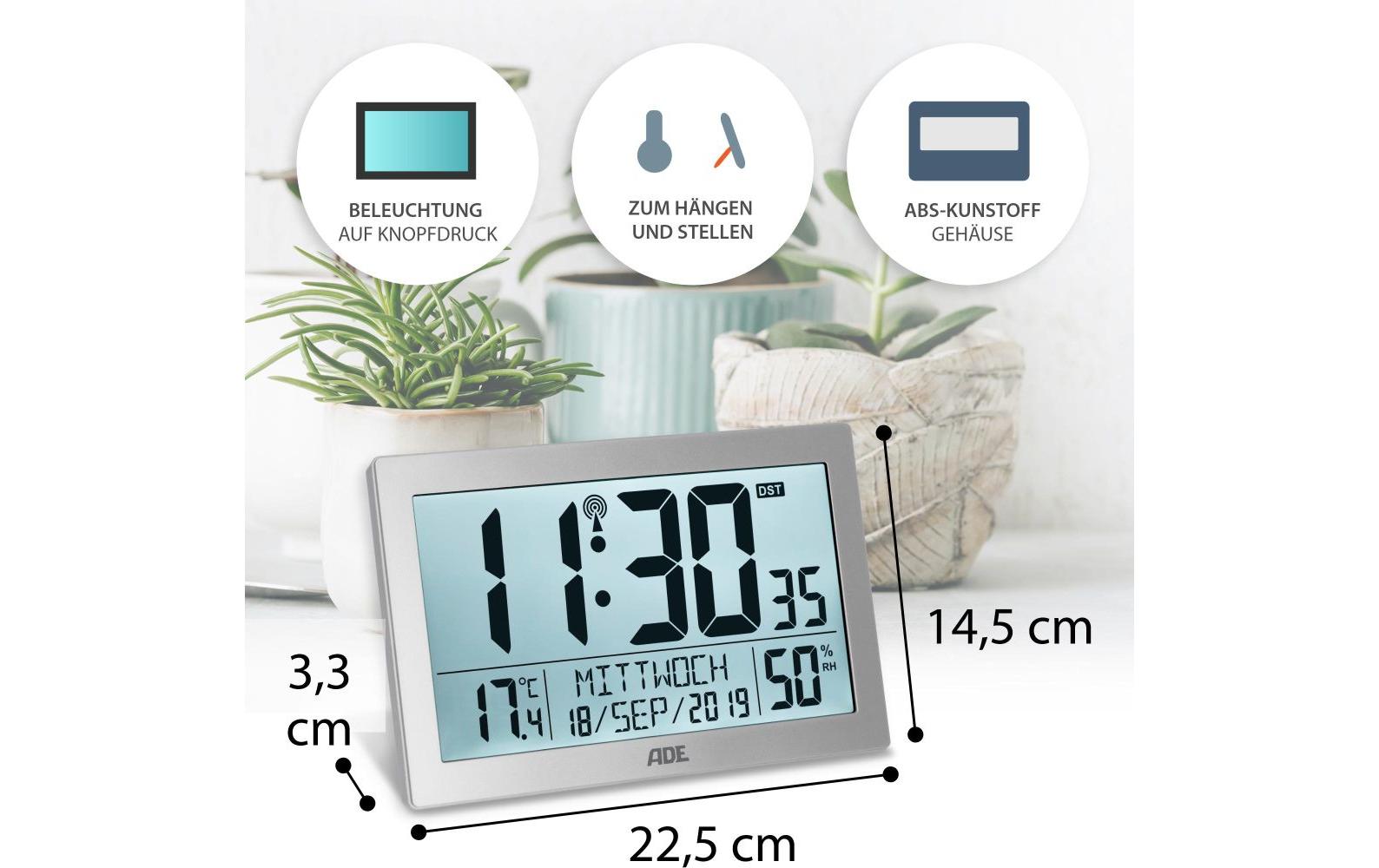 ADE CK2309 Digitalwecker – Funk, Schlummerfunktion, Thermometer, 22,5 × 14,5 × 3,3 cm, Silber