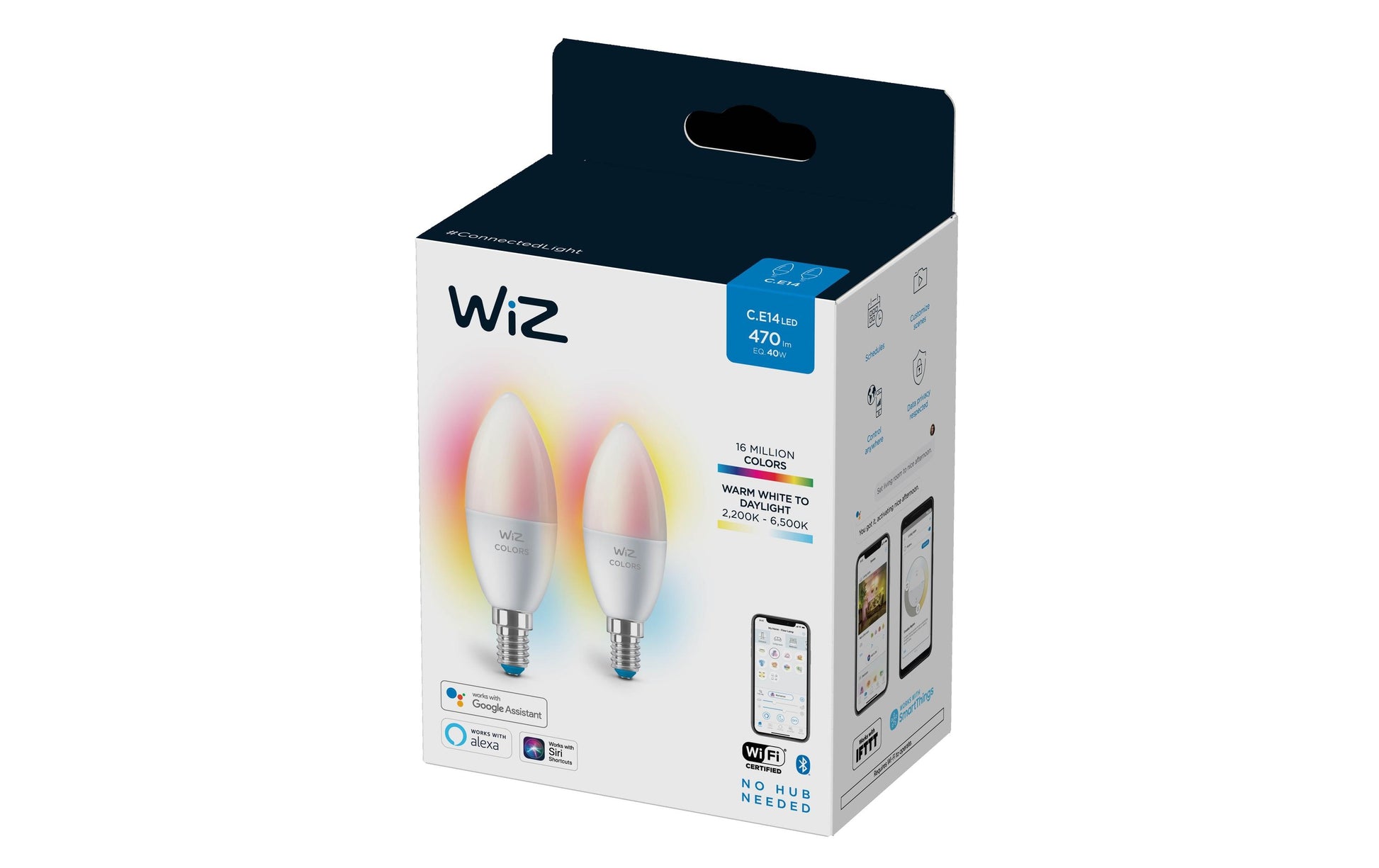 WiZ Smart-Leuchtmittel E14 C37 – RGB+CCT 2200–6500 K, 470 lm, 4,9 W, WLAN/Bluetooth – 2 Stk.