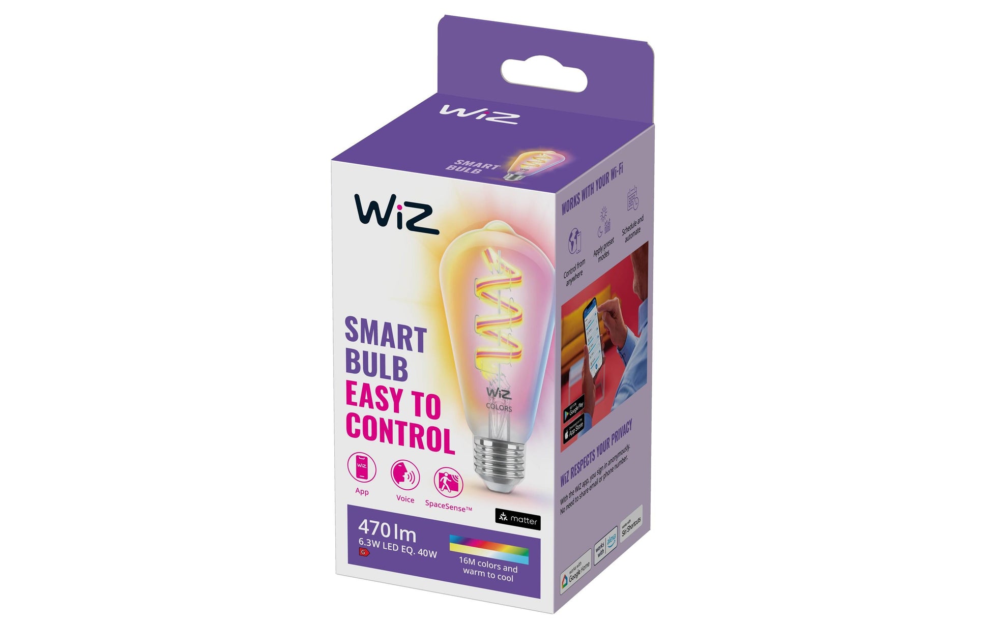 WiZ Smart-Leuchtmittel E27 ST64 – 470 lm, 2200–6500 K/mehrfarbig, WLAN/App, dimmbar – 1-Pack