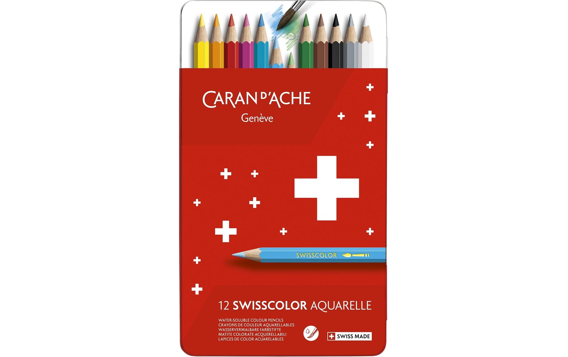 Caran d-Ache Caran d'Ache Aquarellfarbstifte Swisscolor Aquarelle – 12 Farben, im Metalletui, Ø 2,8 mm, FSC