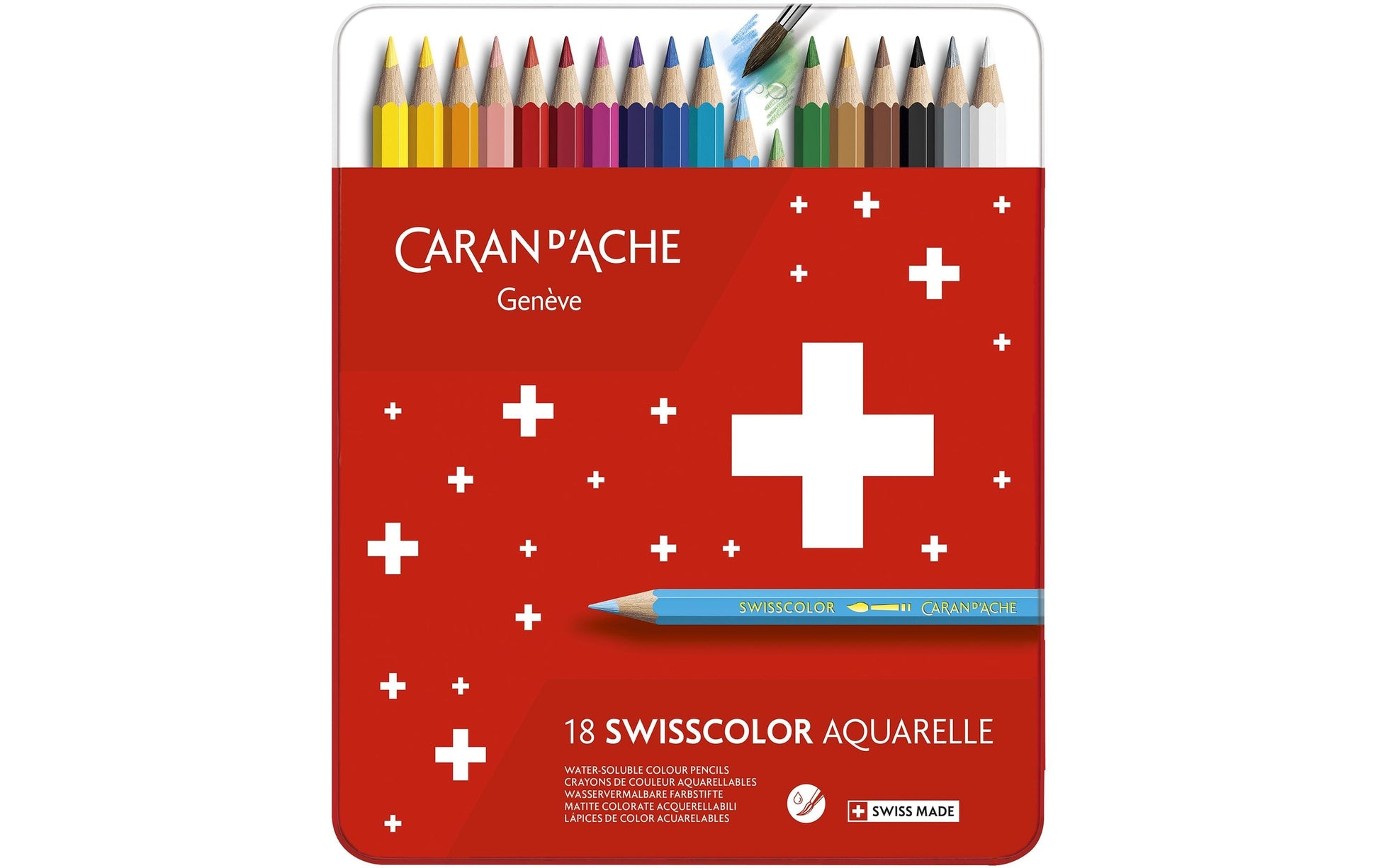 Caran d-Ache Caran d'Ache Aquarellfarbstifte Swisscolor Aquarelle – 18 Farben, im Metalletui, Ø 2,8 mm, FSC