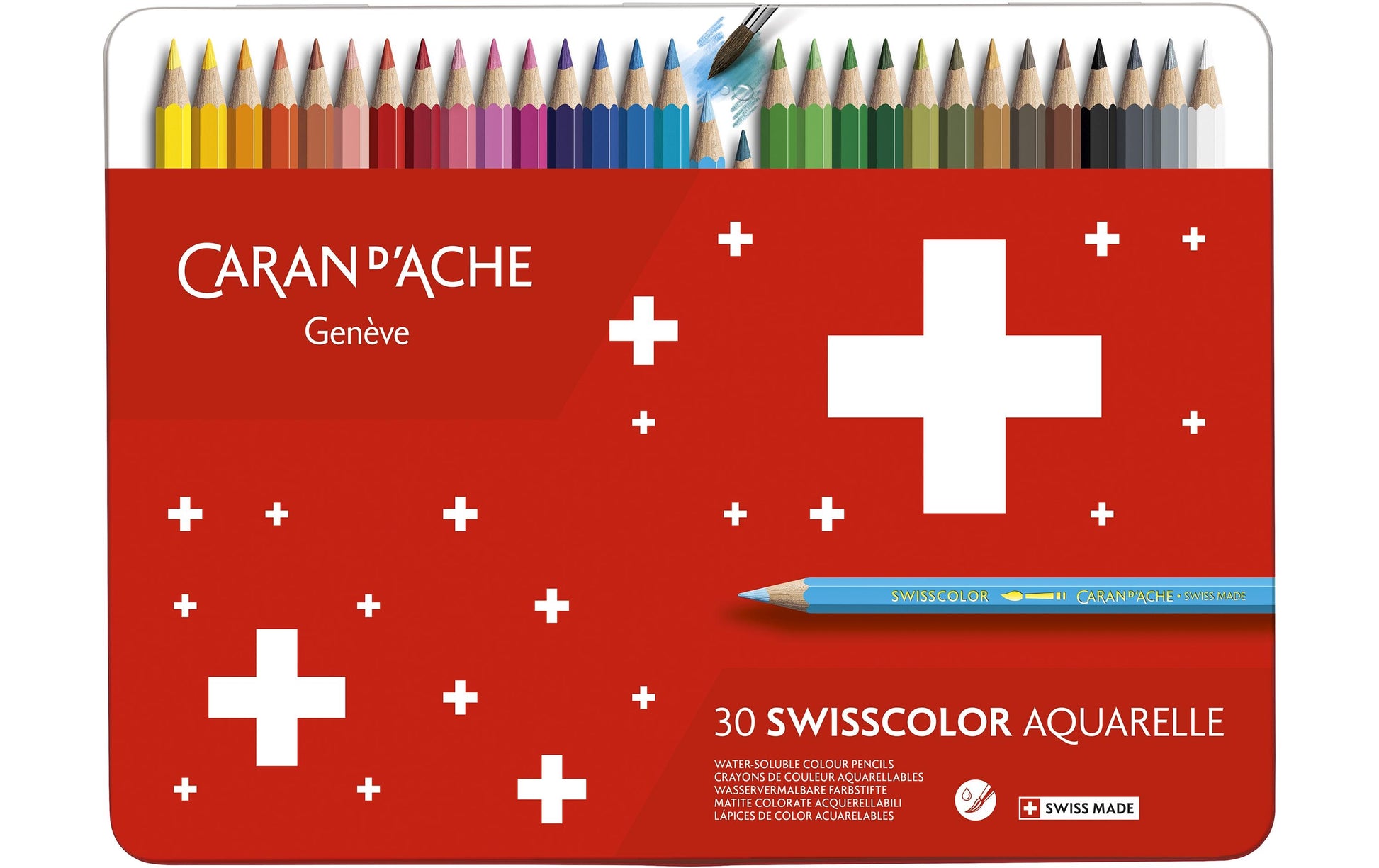 Caran d-Ache Caran d'Ache Aquarellfarbstifte Swisscolor Aquarelle – 30 Farben, im Metalletui, Ø 2,8 mm, FSC