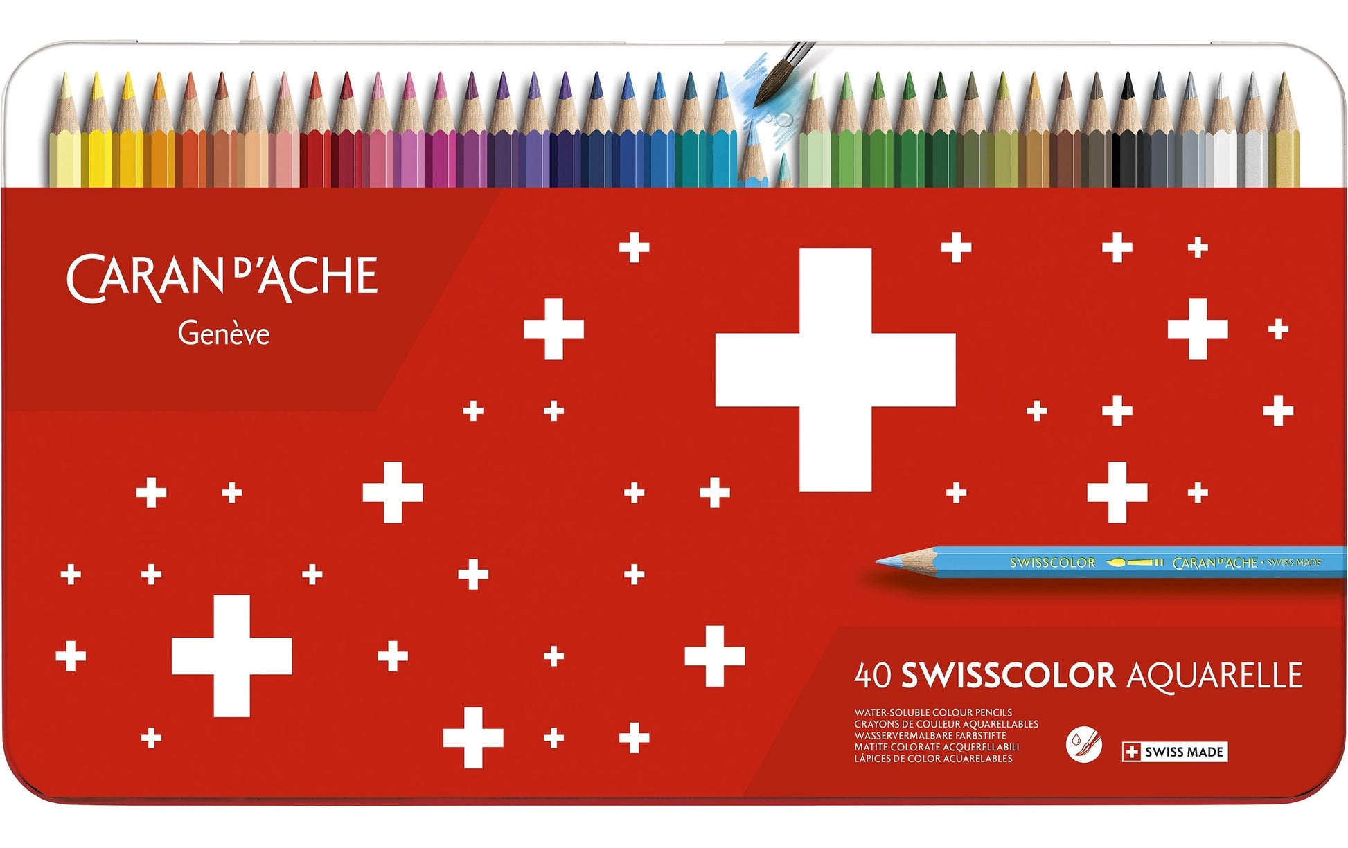 Caran d-Ache Caran d'Ache Aquarellfarbstifte Swisscolor Aquarelle – 40 Farben, im Metalletui, Ø 2,8 mm, FSC