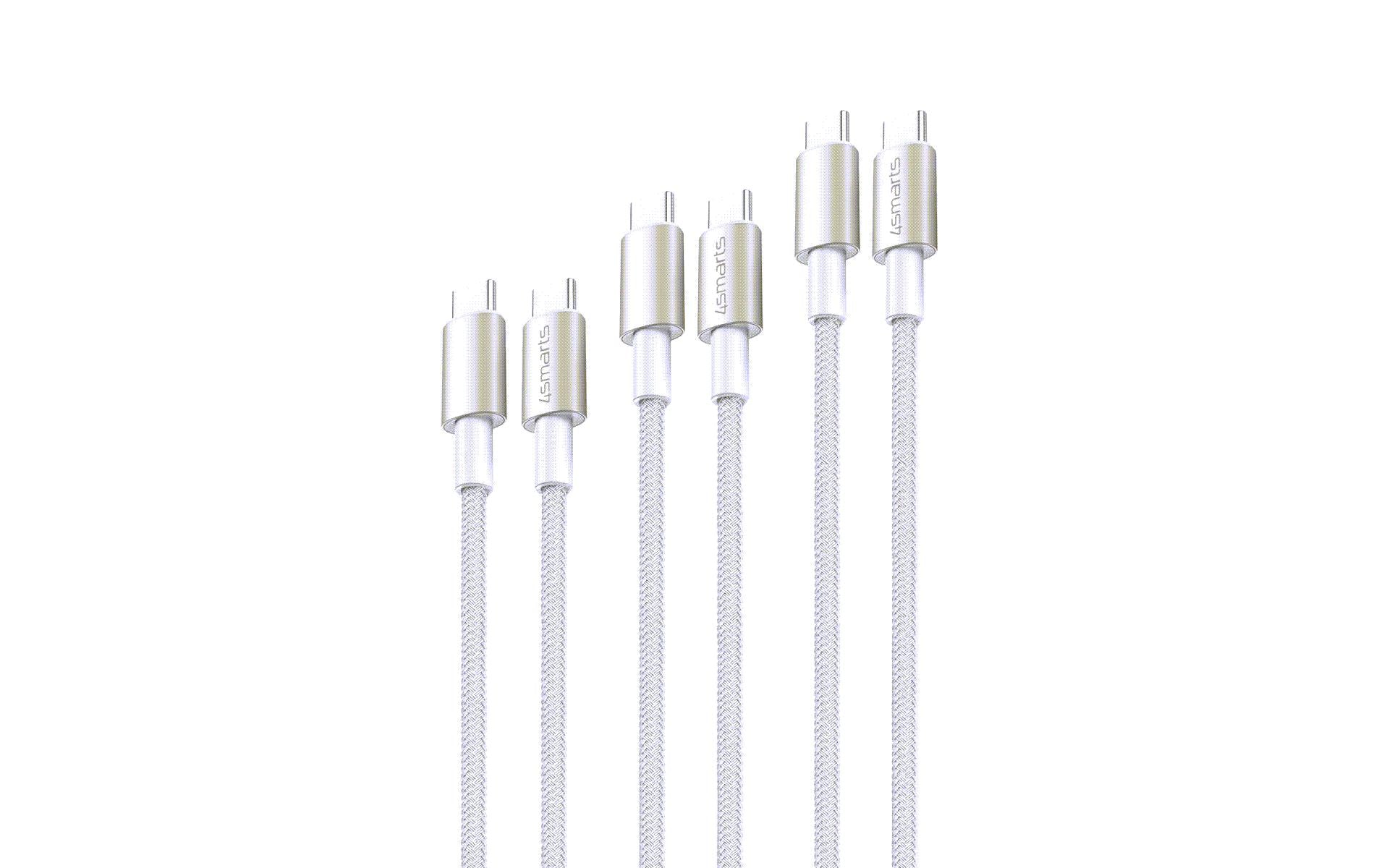 4smarts USB-C auf USB-C Kabel – USB 2.0 (480 Mbit/s) – 1/1,5/3 m – PD 60 W – Nylon – Weiss – 3er-Set