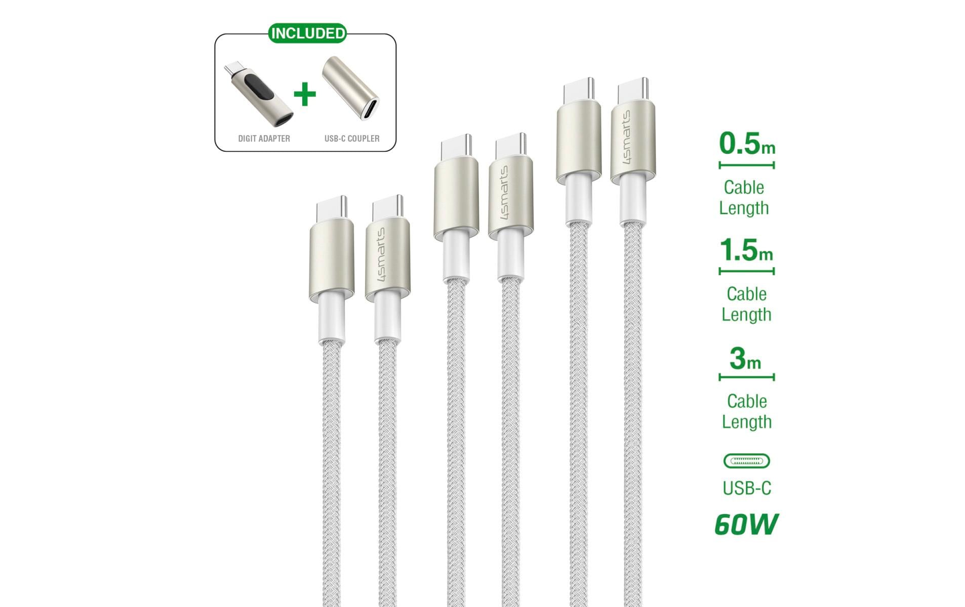 4smarts USB-C auf USB-C Kabel – USB 2.0 (480 Mbit/s) – 1/1,5/3 m – PD 60 W – Nylon – Weiss – 3er-Set