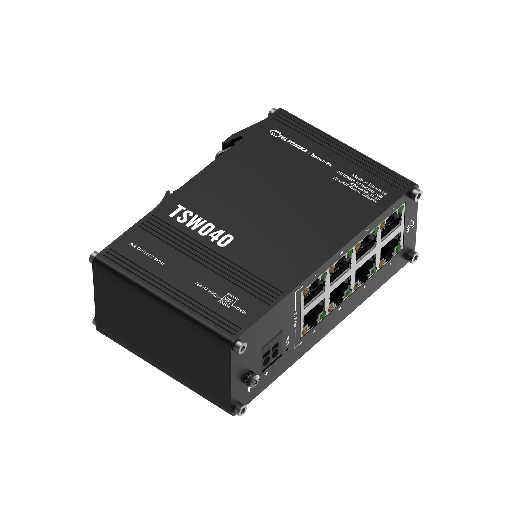 Teltonika TSW040 – Unmanaged Switch – 8× 10/100 Mbit/s, PoE+, PoE-Budget 240 W, DIN-Schiene