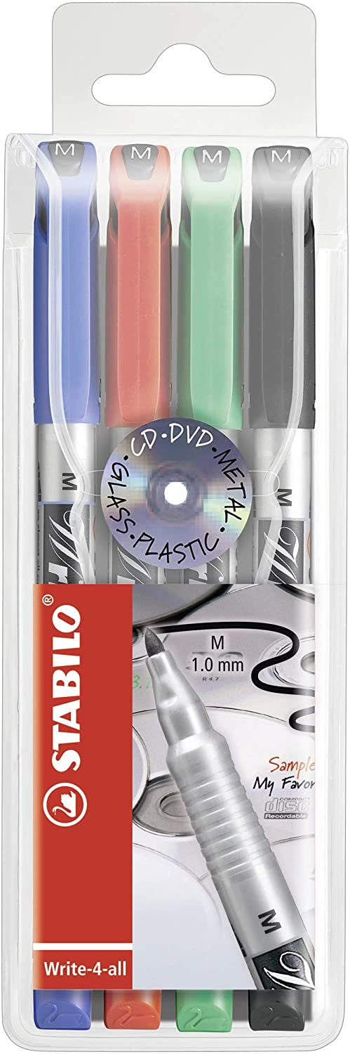STABILO Permanentmarker – Rundspitze 1 mm – Mehrfarbig – 4er-Pack – für Glas, Metall und Kunststoff