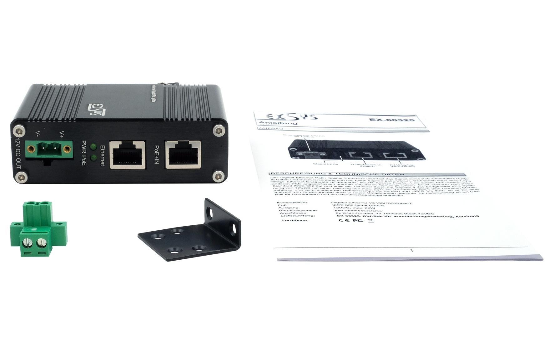 EXSYS EX-60325 PoE+ Splitter – Gigabit, 12 V/20 W, 1× RJ-45 – für nicht-PoE-Geräte (IP-Kamera, WLAN-AP)