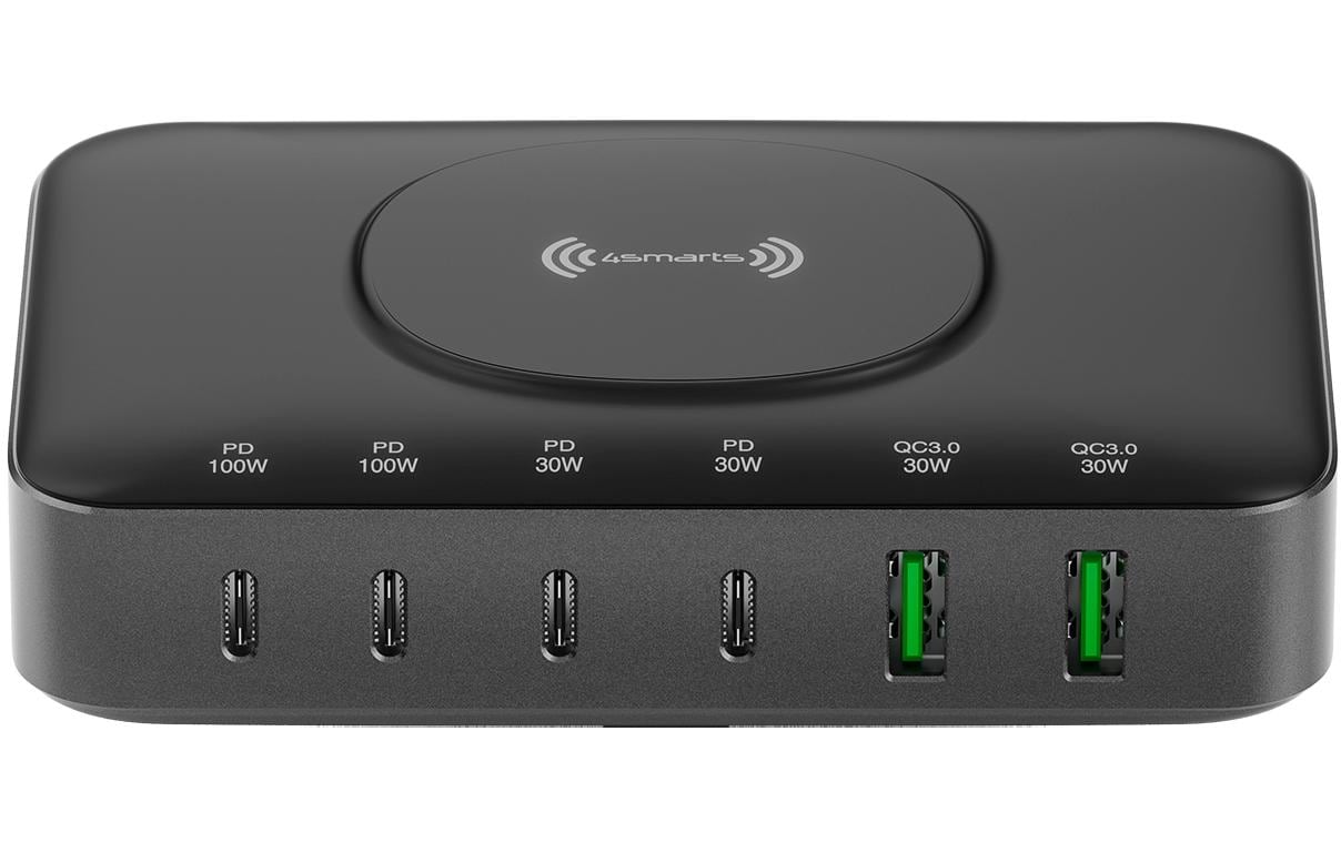 4smarts 7in1 Ladestation – 2× USB-C 30 W, 6× USB-Ausgänge, Qi, GaN – für Qi-kompatible Geräte