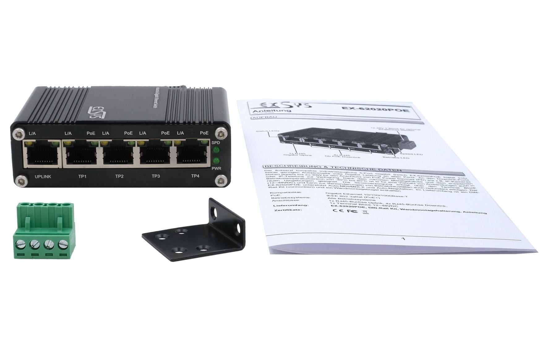 EXSYS EX-62020PoE – Unmanaged Switch – 5× 1G, 4× PoE-Ports (bis 30 W/Port), DIN-Schiene, IP40