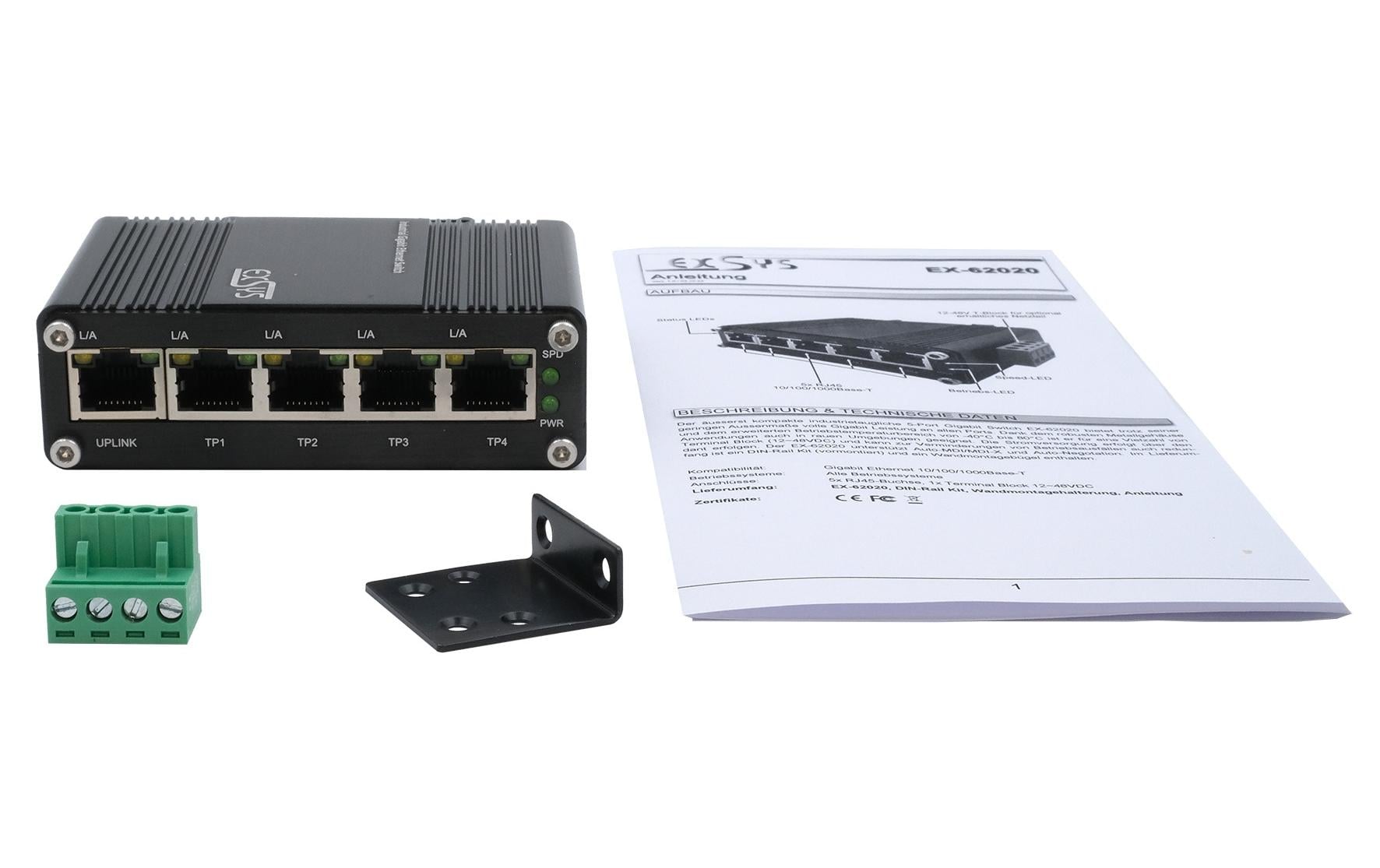 EXSYS EX-62020 – Unmanaged Industrial Switch – 5× 1G, DIN-Rail