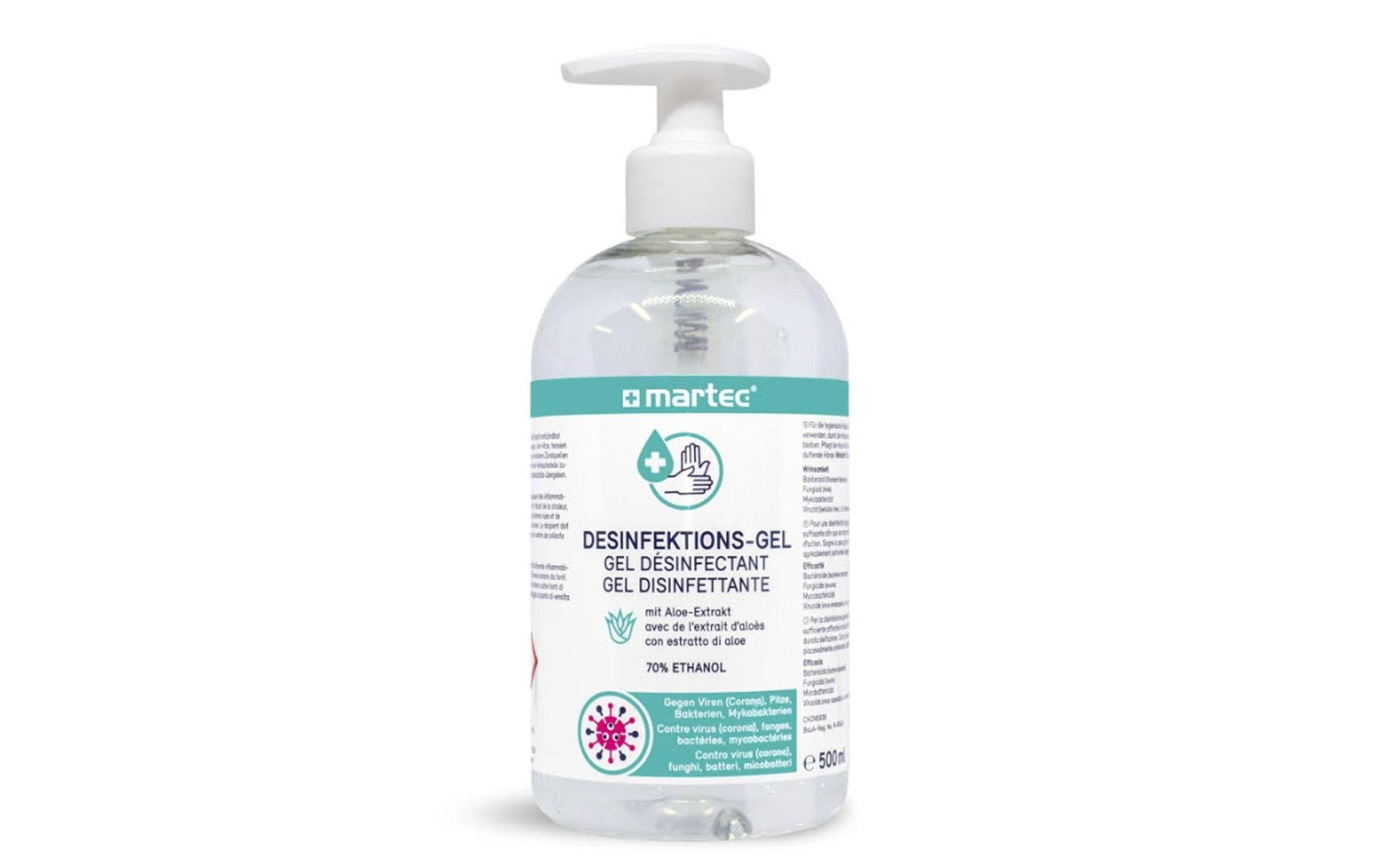 MARTEC Desinfektionsgel – Kunststoff, weiss, 74 × 185 × 74 mm (B×H×T), 500 ml, mit Pumpe