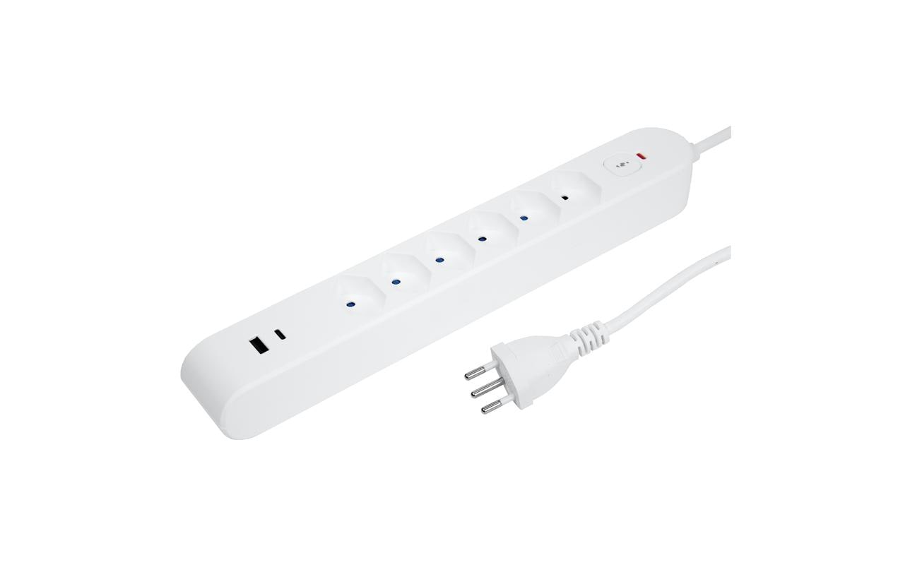 Steffen Steckdosenleiste – 6× T13, USB‑A/C (18 W/20 W), 3 m, mit Schalter, IP20, Weiss