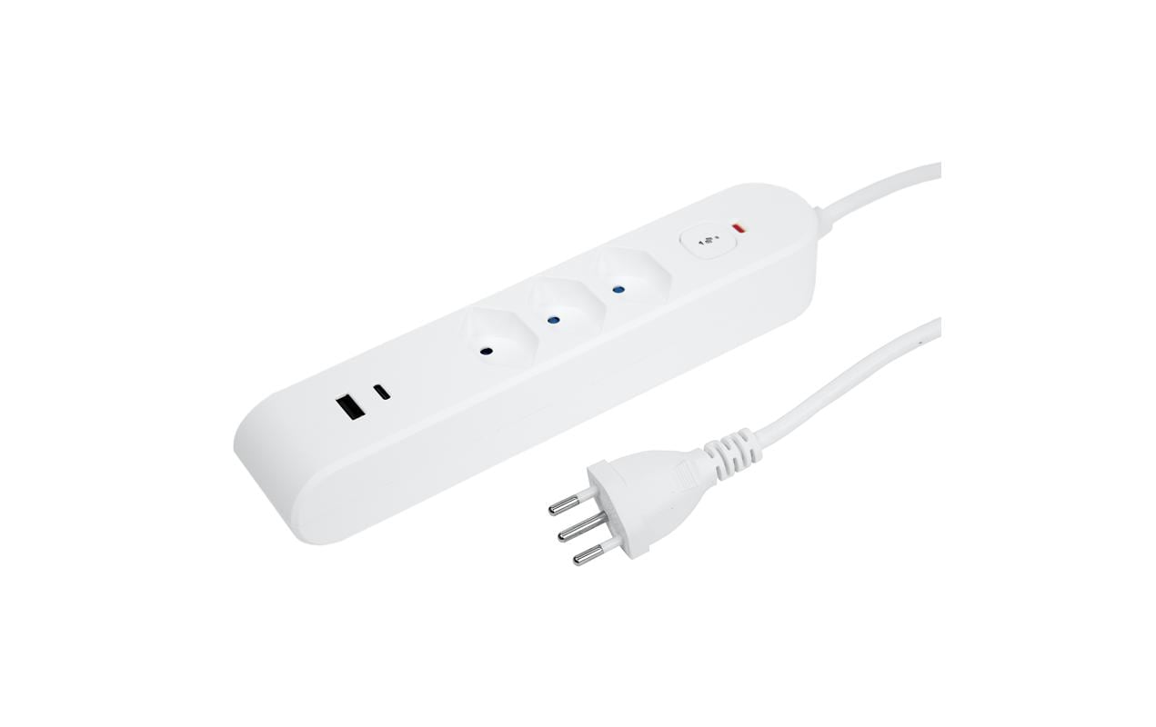 Steffen Standard Steckdosenleiste, 3×T13, 1×USB‑A 18 W + 1×USB‑C PD 20 W, mit Schalter, 3 m – Weiss