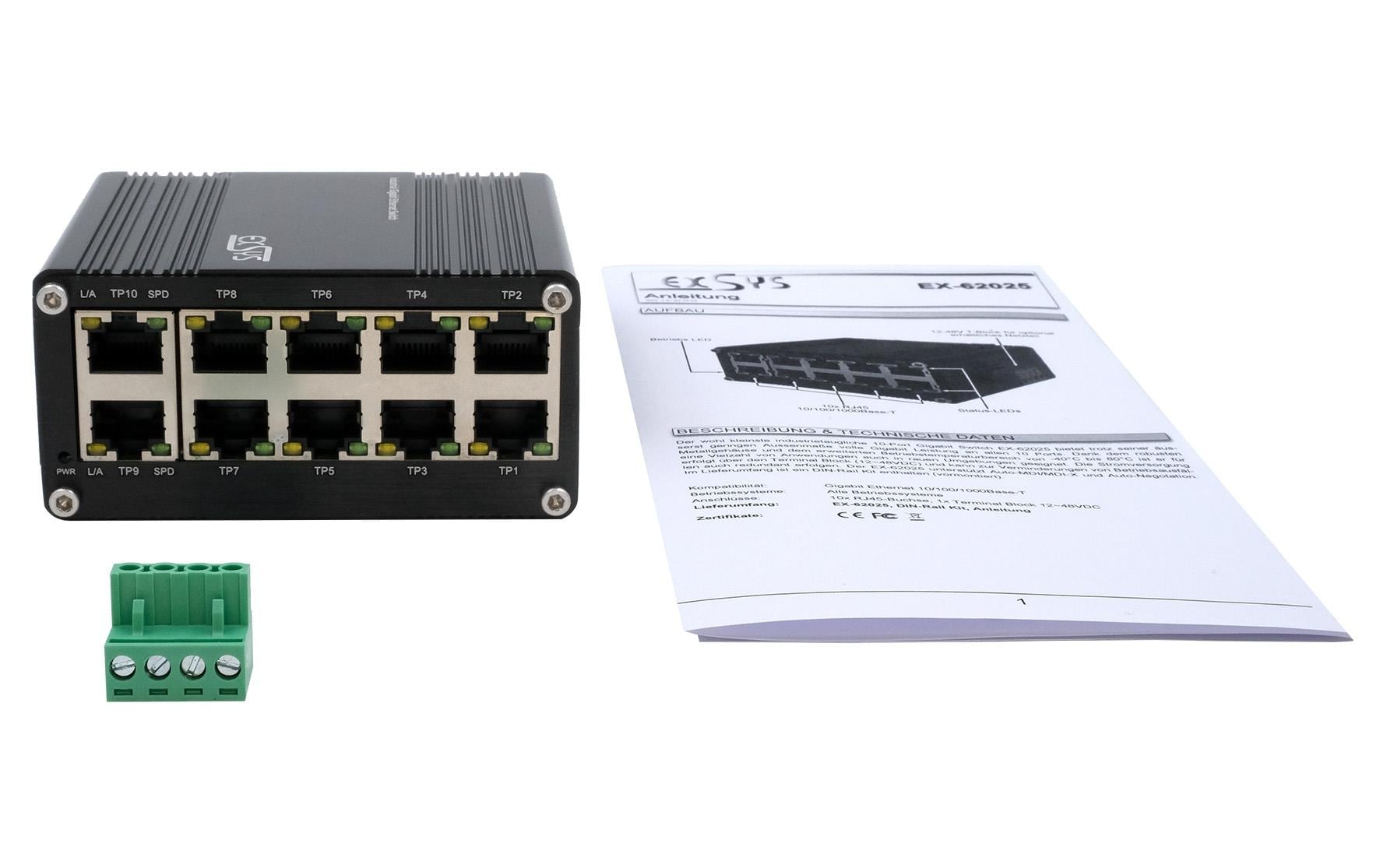 EXSYS EX-62025 – Unmanaged Switch – 10× 1G, Hutschiene, IP40