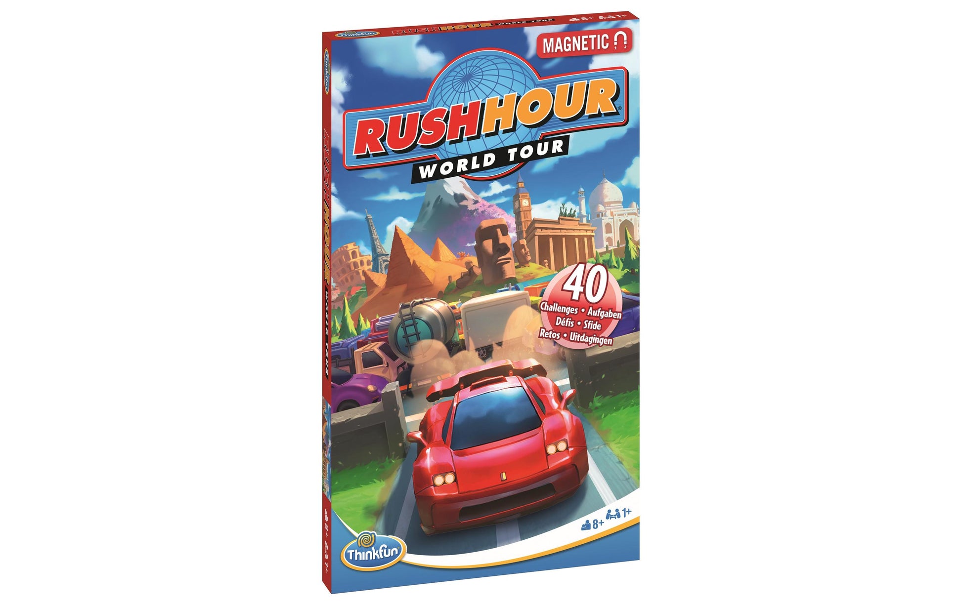 ThinkFun Rush Hour WorldTour – Logikspiel (magnetisch), 1–4 Spieler, ab 8 Jahren, 20 Min., DE