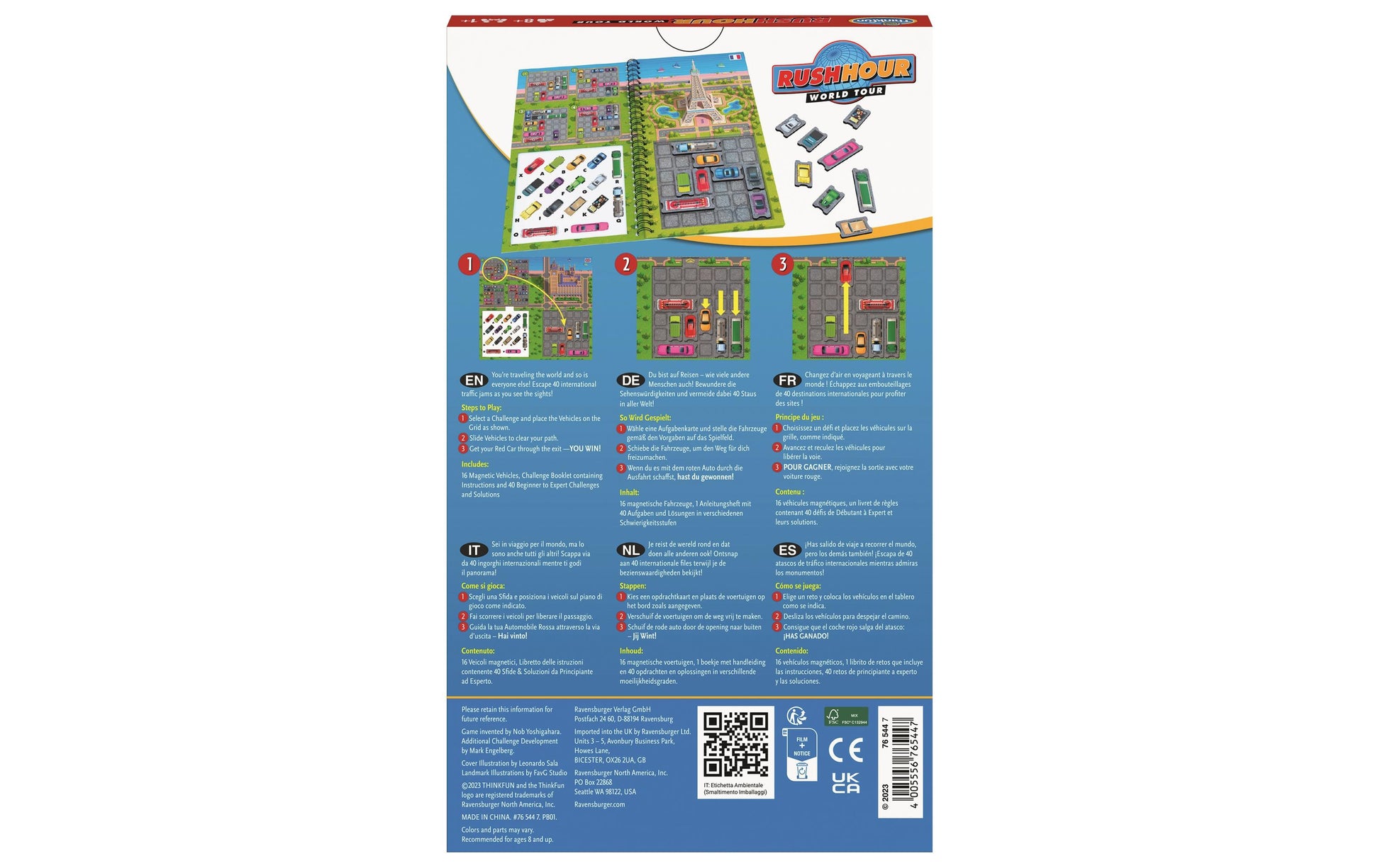 ThinkFun Rush Hour WorldTour – Logikspiel (magnetisch), 1–4 Spieler, ab 8 Jahren, 20 Min., DE