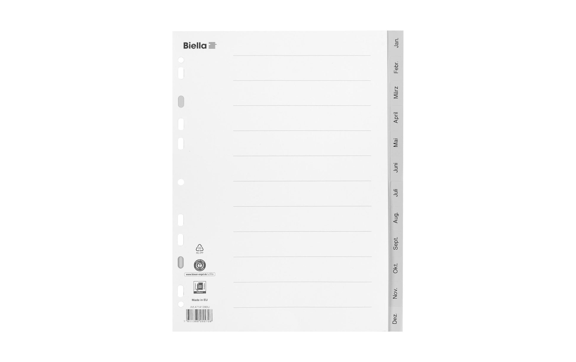 Biella Register A4 hoch – Monate Jan.–Dez., 12 Taben, PP grau