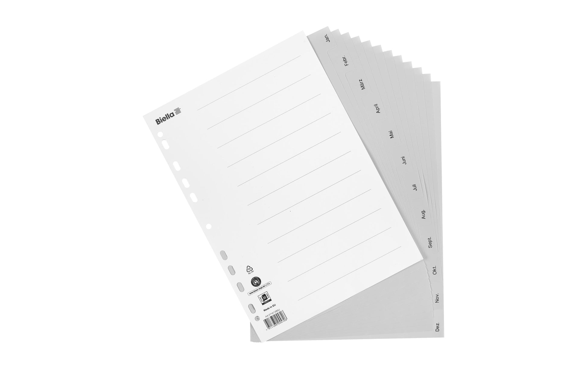 Biella Register A4 hoch – Monate Jan.–Dez., 12 Taben, PP grau