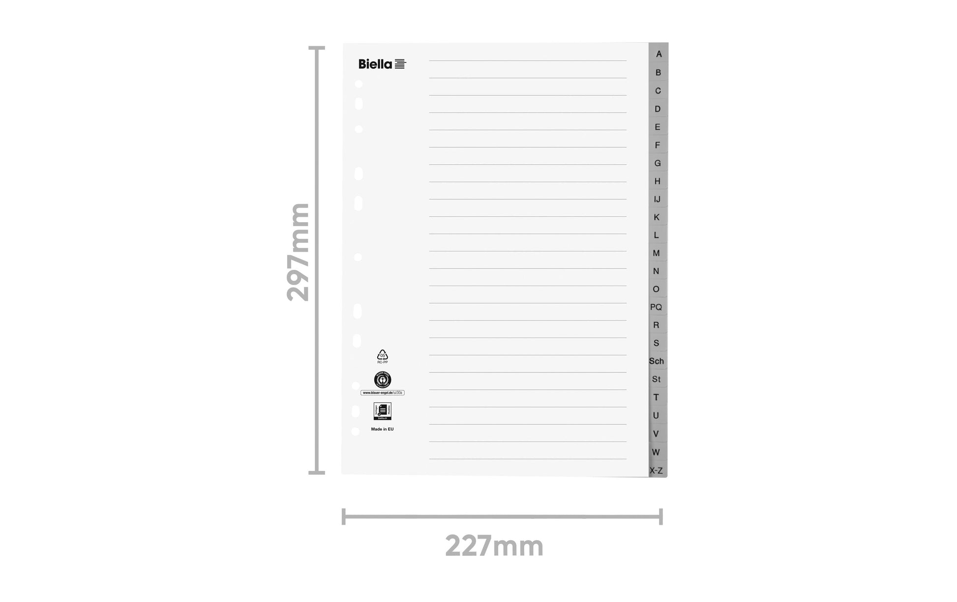 Biella Register A4 – alphabetisch A–Z, 24 Taben, PP grau