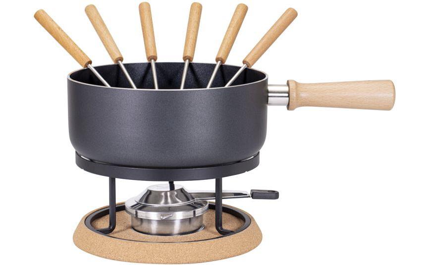 Kadastar Fondue-Set Bernina – Aluminiumguss, 2 l, 6 Gabeln, Pastenbrenner – schwarz/Holz