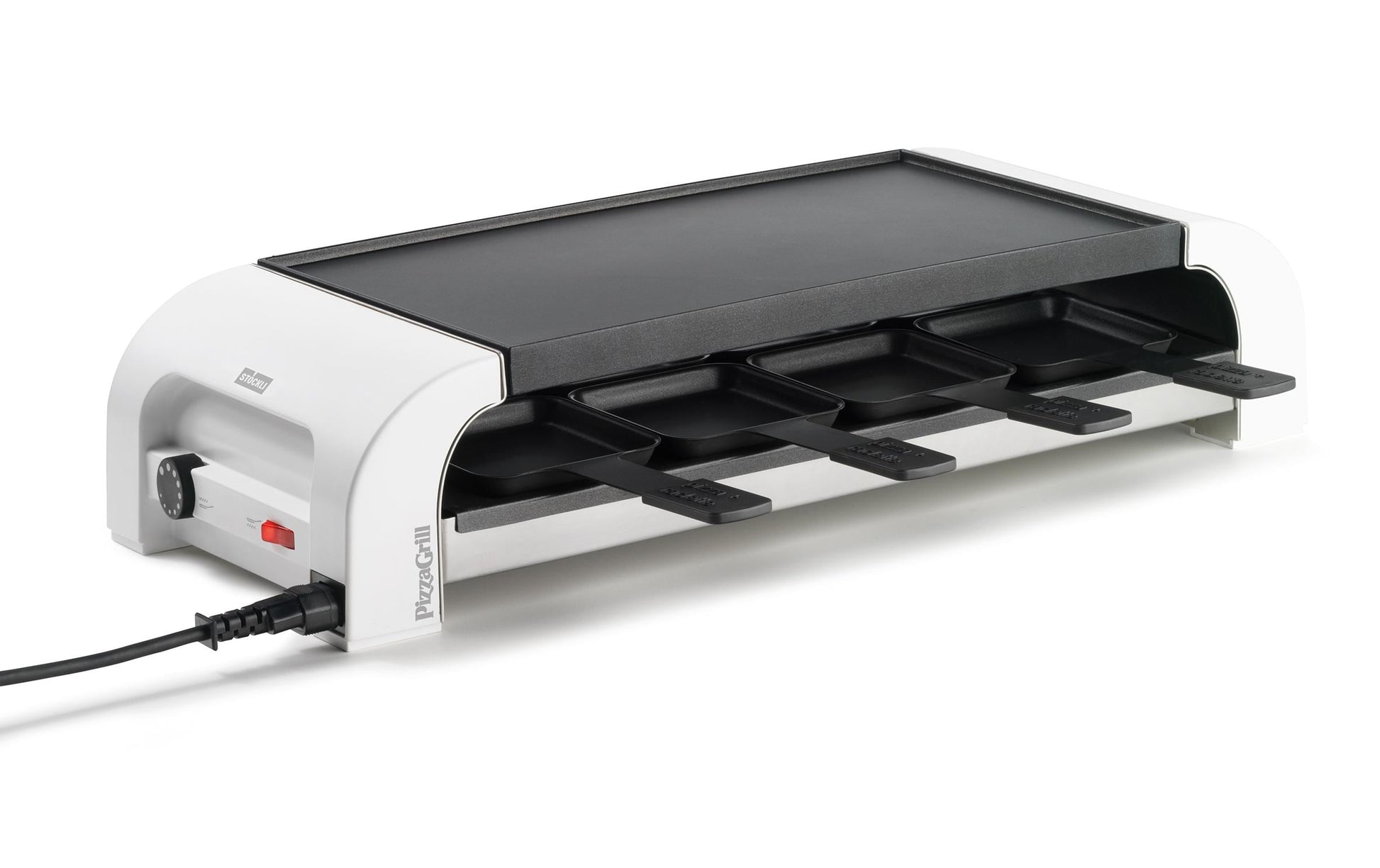 Stöckli Raclette-Grill for8 PizzaGrill – 8 Personen, 1450 W, Aluguss-Grillplatte, Antihaftbeschichtung – schwarz