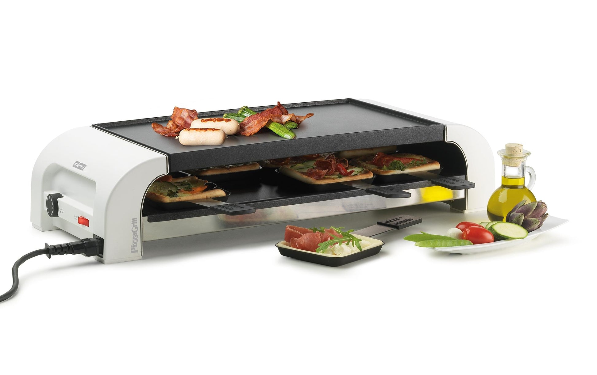 Stöckli Raclette-Grill for8 PizzaGrill – 8 Personen, 1450 W, Aluguss-Grillplatte, Antihaftbeschichtung – schwarz