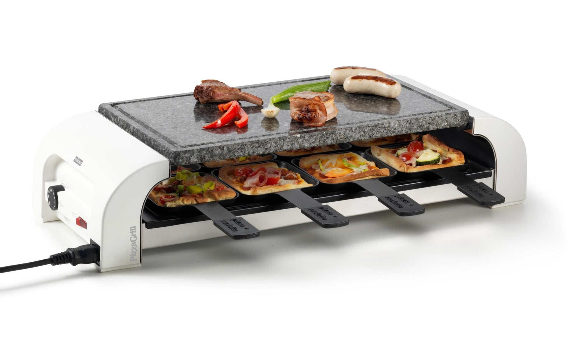 Stöckli Raclette-Grill for 8 PizzaGrill Hot'Stone – 8 Personen, Granit, 1450 W – Schwarz/Weiss