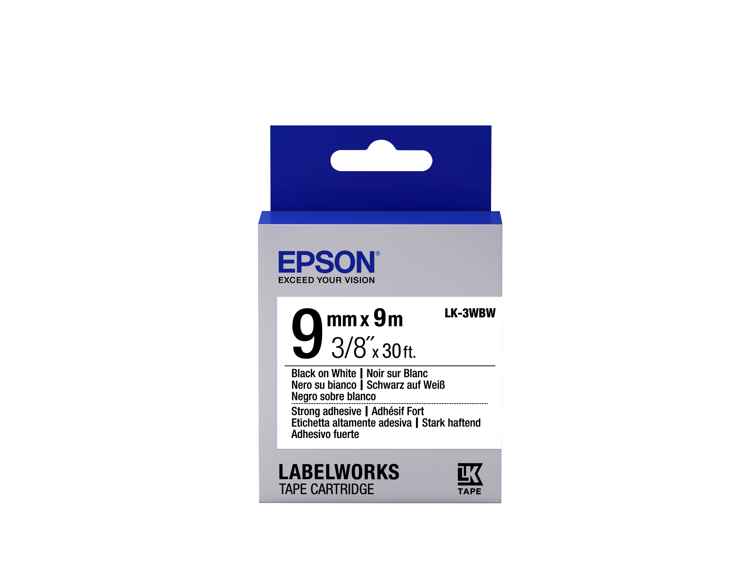 Epson Prägeband 3D 9 mm – 9 m, Schwarz auf Weiss, permanent, für Epson LabelWorks