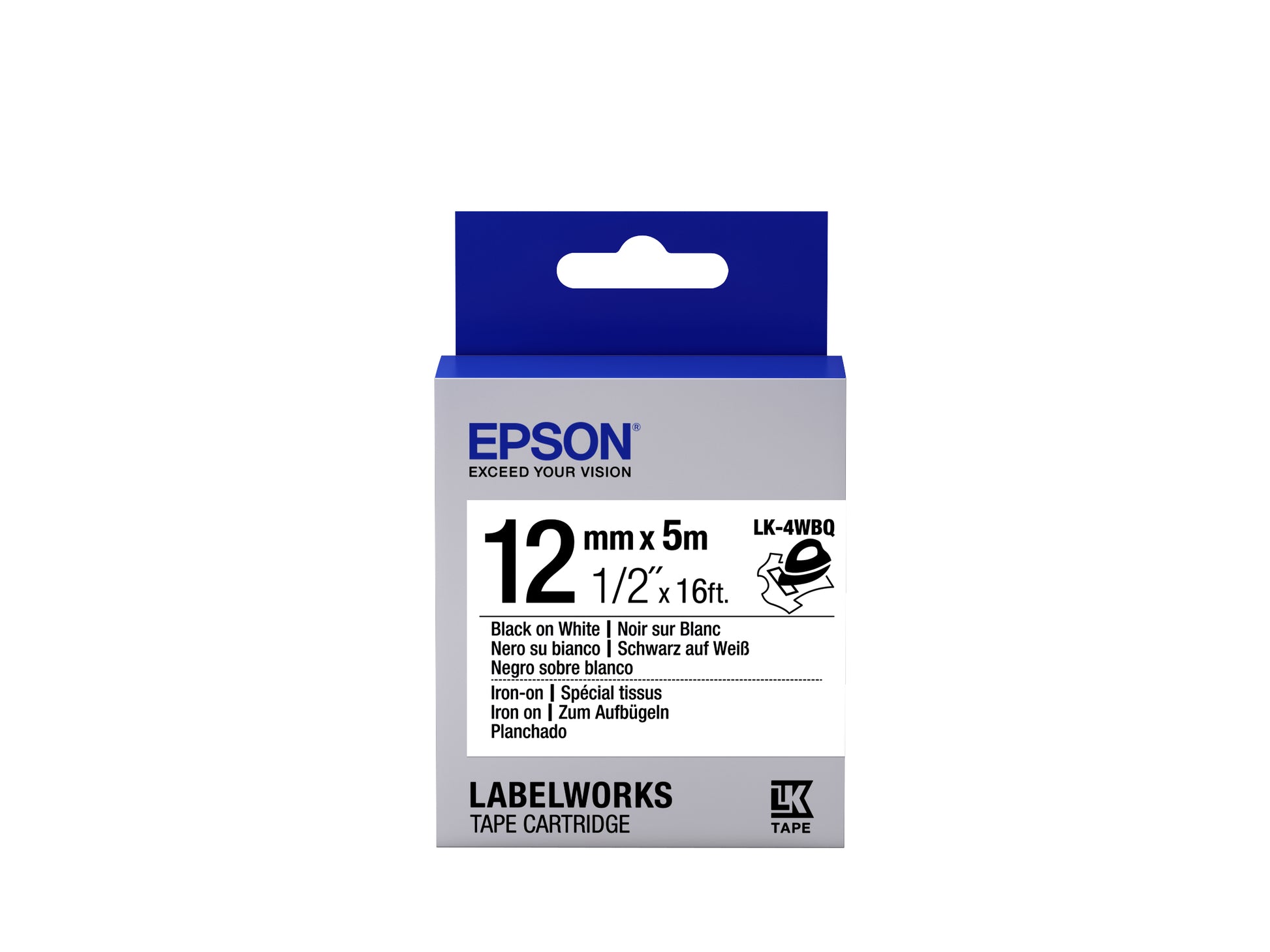 Epson LK-4WBQ Textil-/Satinband – schwarz auf weiss – 12 mm × 5 m, aufbügelbar – für Epson LabelWorks