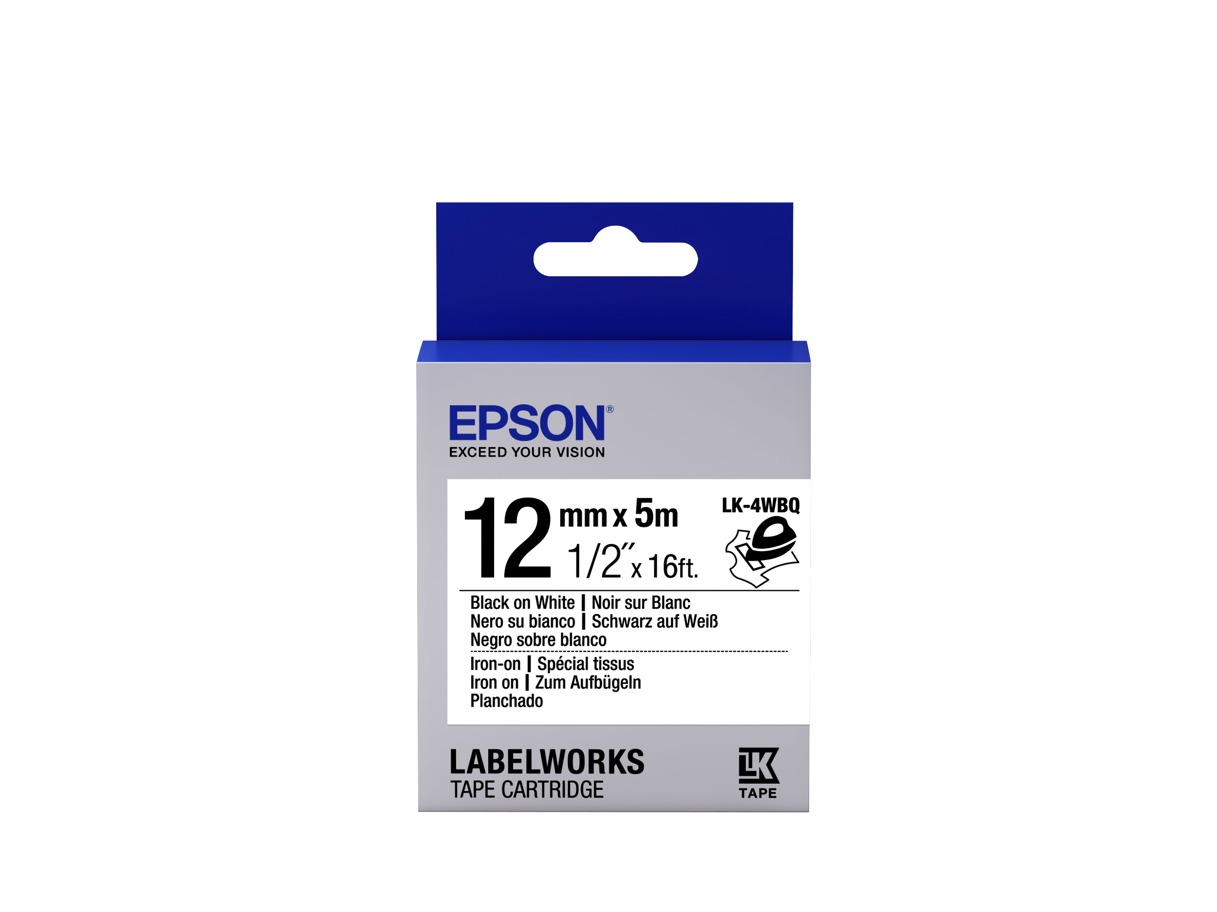 Epson LK-4WBQ Textil-/Satinband – schwarz auf weiss – 12 mm × 5 m, aufbügelbar – für Epson LabelWorks