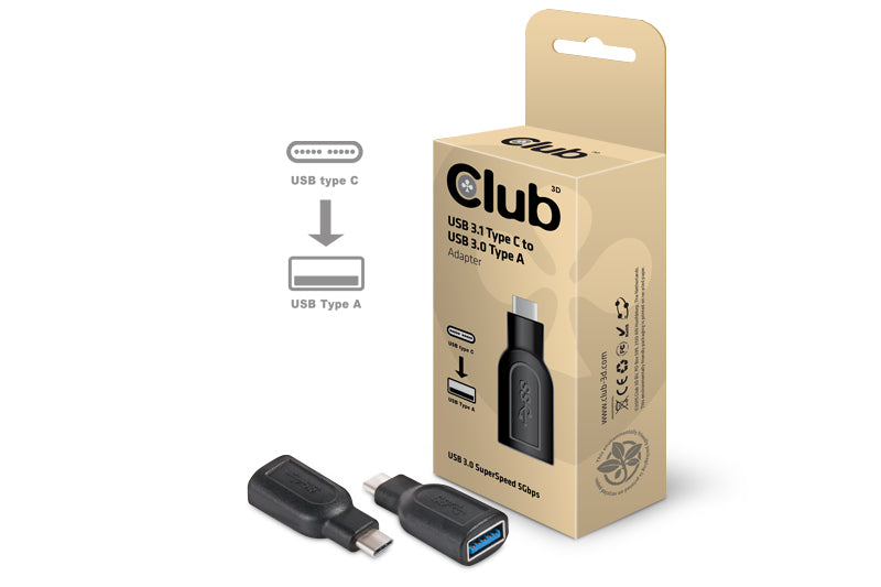 CLUB3D Club 3D Adapter USB-C zu USB-A – USB 3.2 Gen 1 (5 Gbit/s), 4,3 cm, Schwarz, für Windows, macOS, Chrome OS