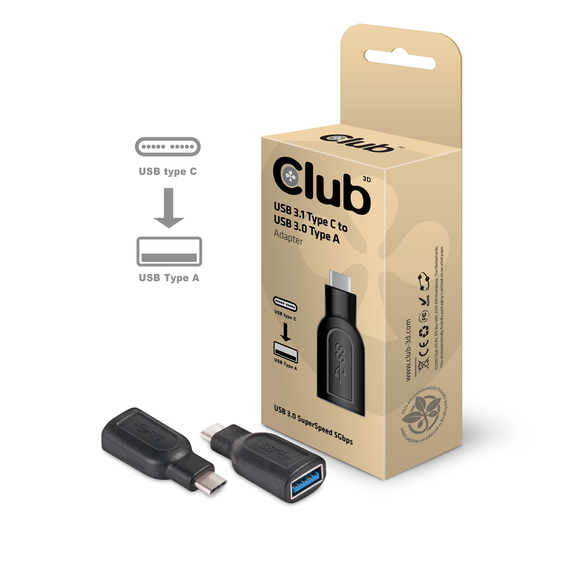 CLUB3D Club 3D Adapter USB-C zu USB-A – USB 3.2 Gen 1 (5 Gbit/s), 4,3 cm, Schwarz, für Windows, macOS, Chrome OS