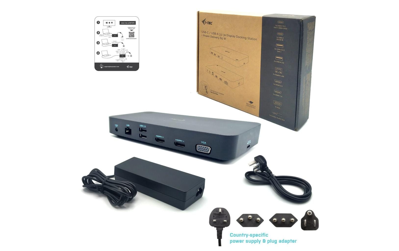 i-tec Dockingstation – USB-C, 2× HDMI, 1× VGA, 100 W PD, GbE, 3,5 mm Audio, für Windows/Mac/Android
