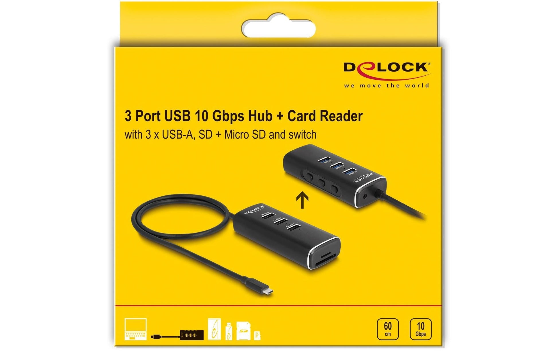 DeLOCK USB-Hub – USB-C (10 Gbit/s), 3× USB-A, SD/microSD, für Windows/Mac/ChromeOS
