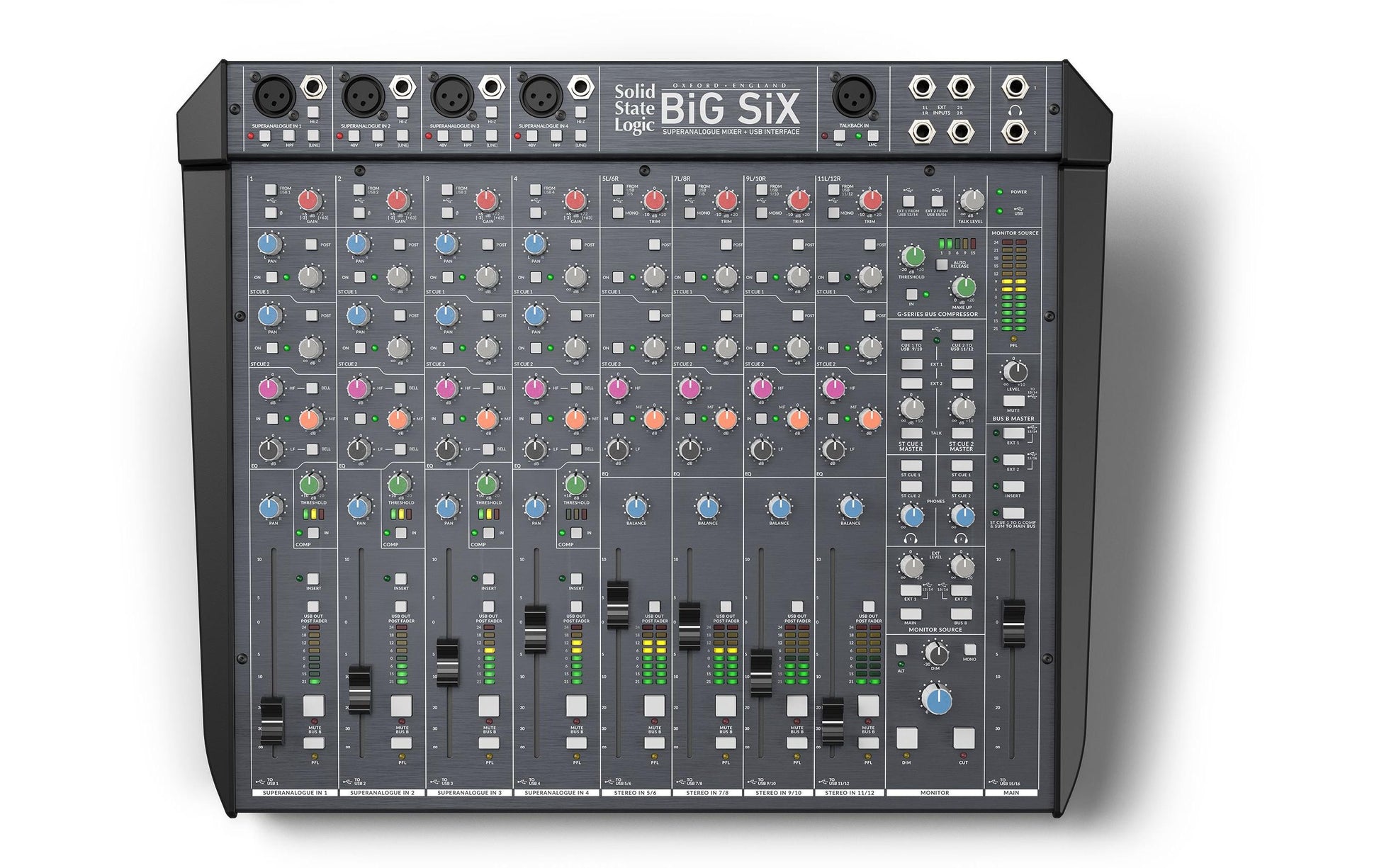 Solid State Logic BiG SiX – Studio-Mixer, 4-Kanal (Mic/Line), 12 Stereoeingänge, USB, Talkover, Schwarz