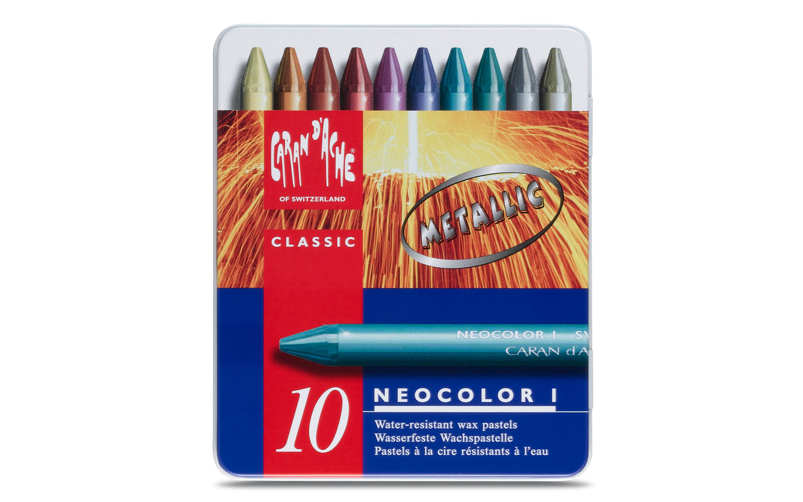 Caran d-Ache Caran d'Ache Neocolor I Ölbasierte Farbstifte-Set – 10 Farben, Mine Ø 8,6 mm, Metallschachtel
