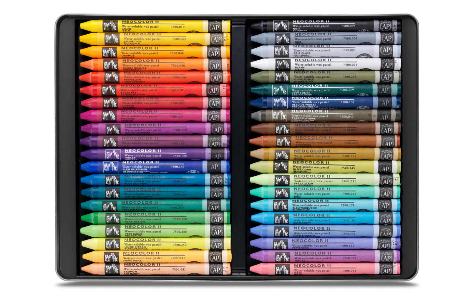 Caran d-Ache Caran d'Ache Neocolor II Aquarellfarbstifte-Set – 40 Farben, Mine Ø 8,6 mm, Metallschachtel