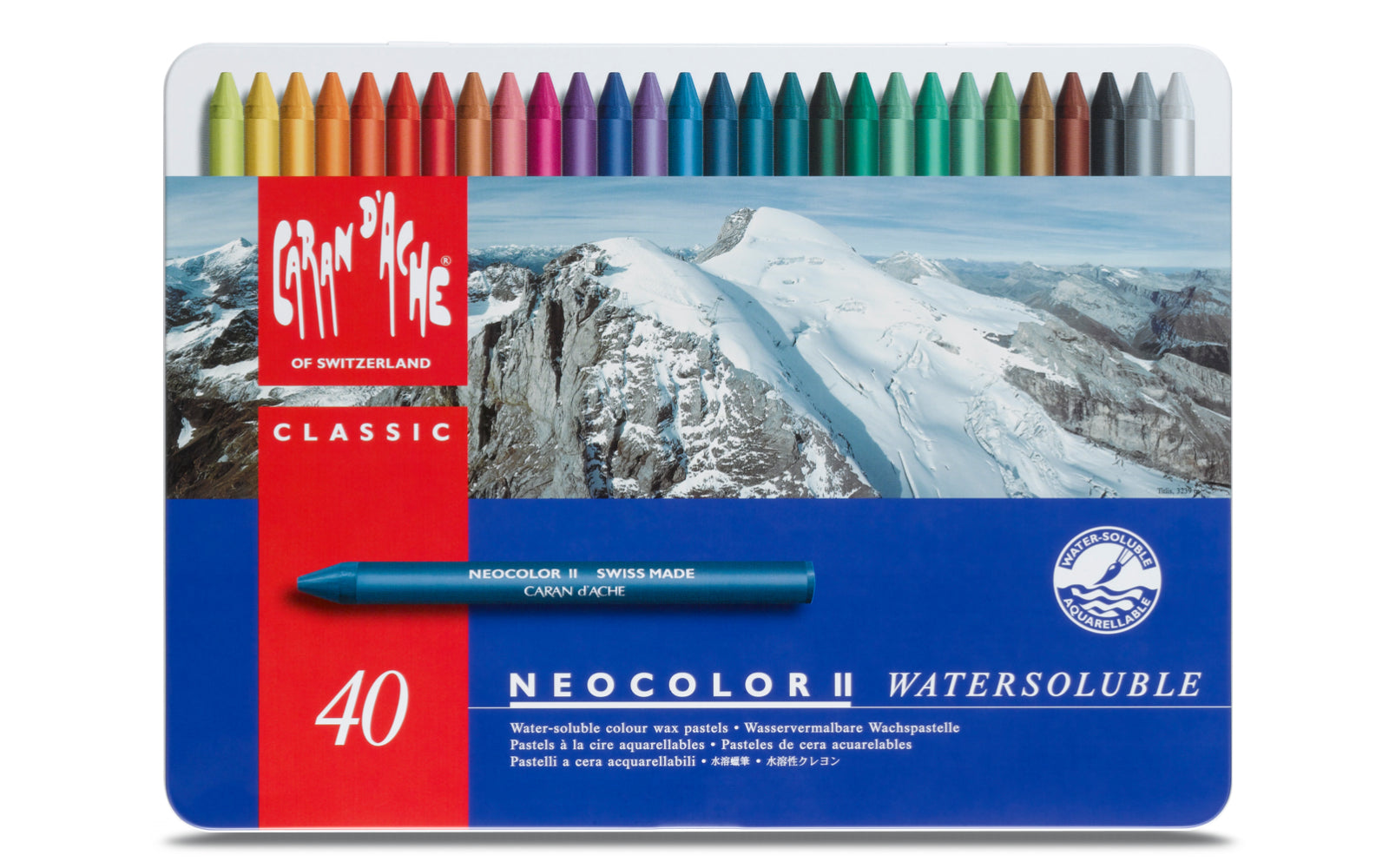 Caran d-Ache Caran d'Ache Neocolor II Aquarellfarbstifte-Set – 40 Farben, Mine Ø 8,6 mm, Metallschachtel