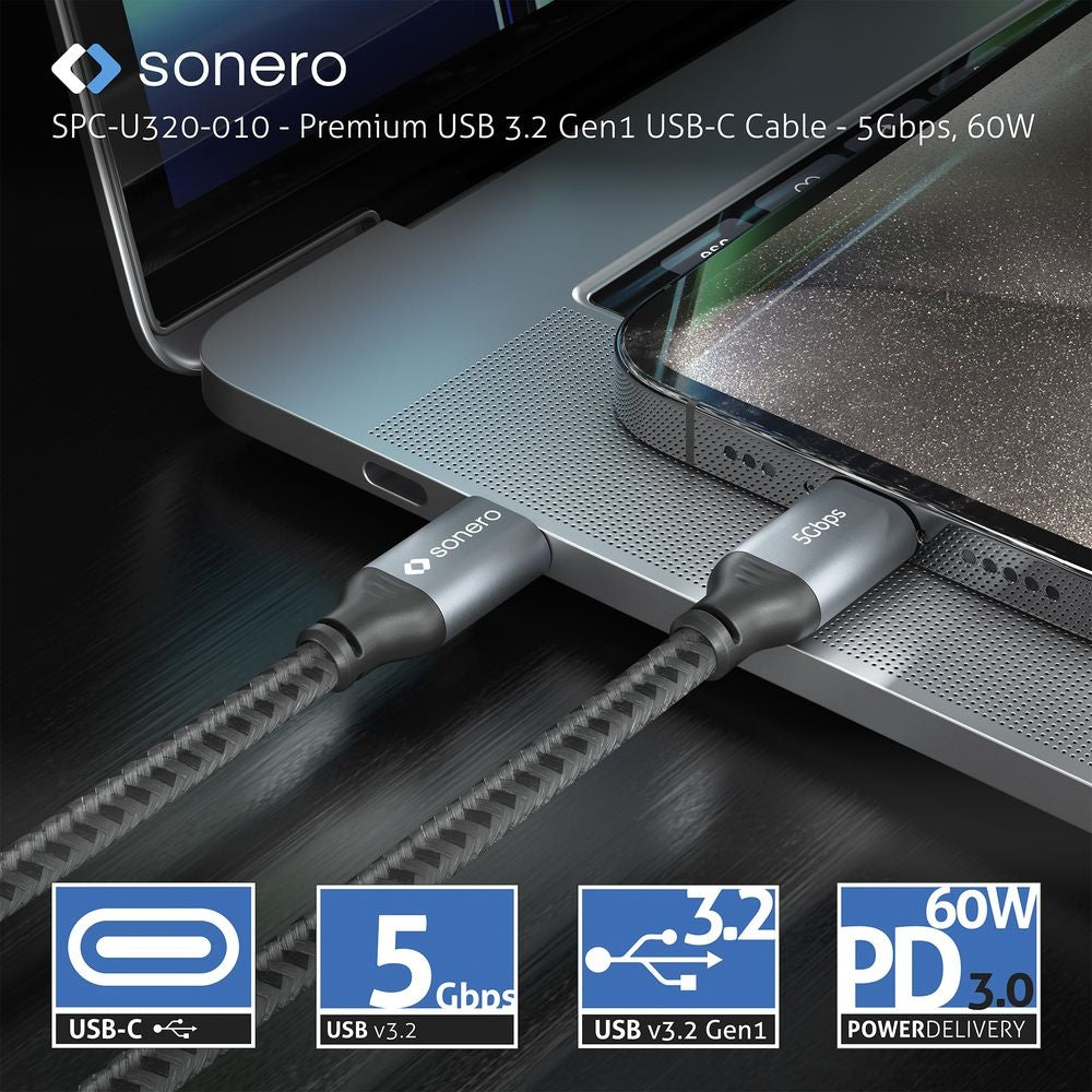 Sonero – USB-C auf USB-C Kabel – USB 3.2 Gen 1 (5 Gbit/s) – 0,5 m – PD 60 W – Geflochten – Schwarz/Grau
