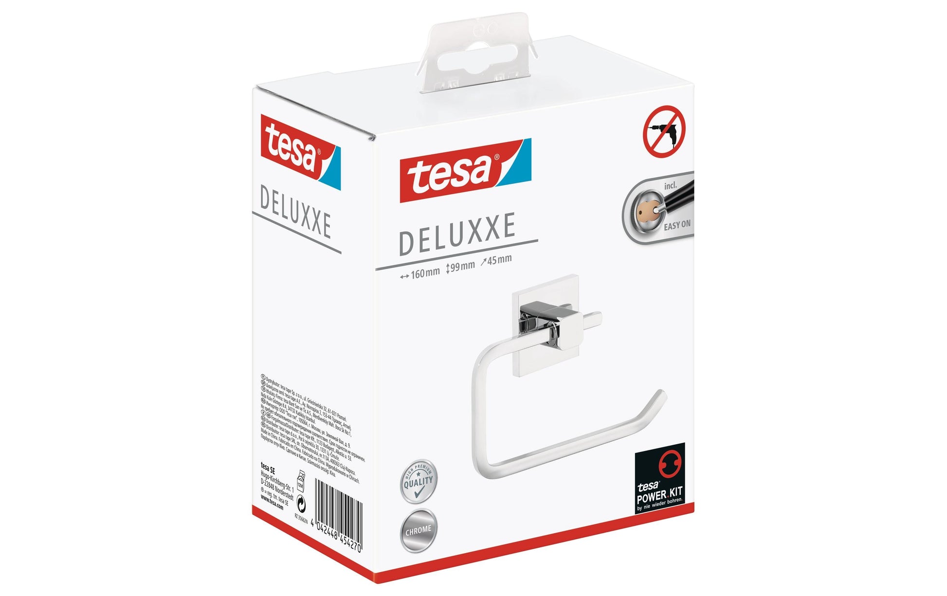 TESA Toilettenpapierhalter DELUXXE – Metall/Chrom, selbstklebend, 4,5 × 16 × 9,9 cm